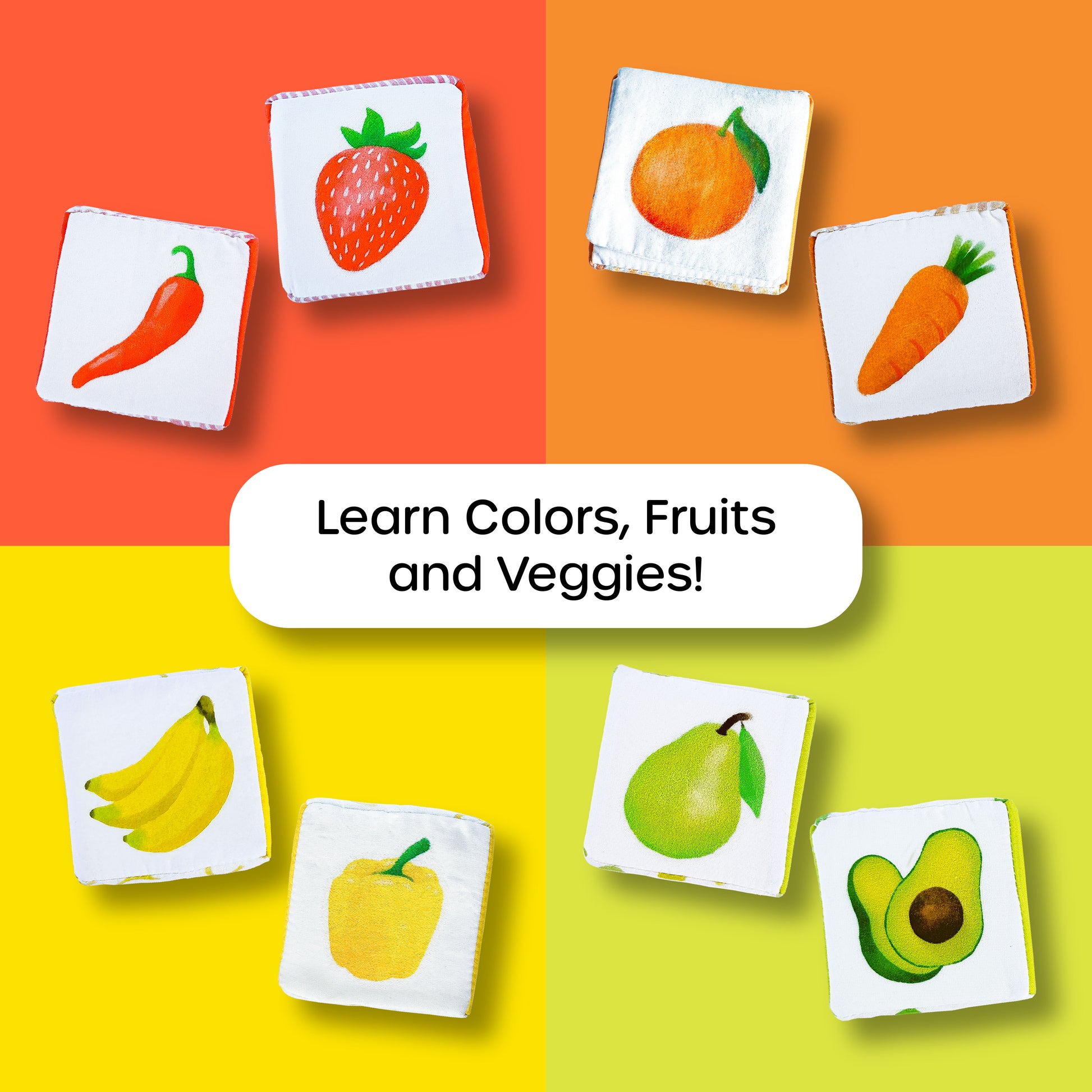 Fabric baby blocks labeled by color groups: red, orange, yellow, yellow-green for early color recognition