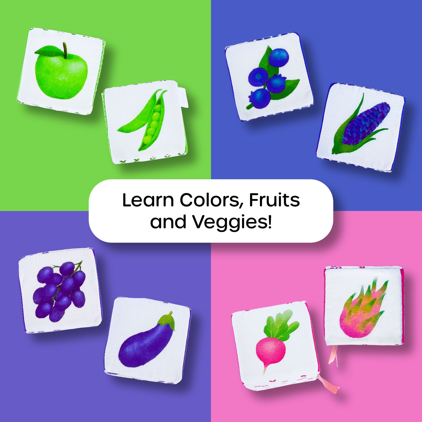 Colorful baby blocks teaching green, blue, purple, and pink fruits and veggies for early learning fun