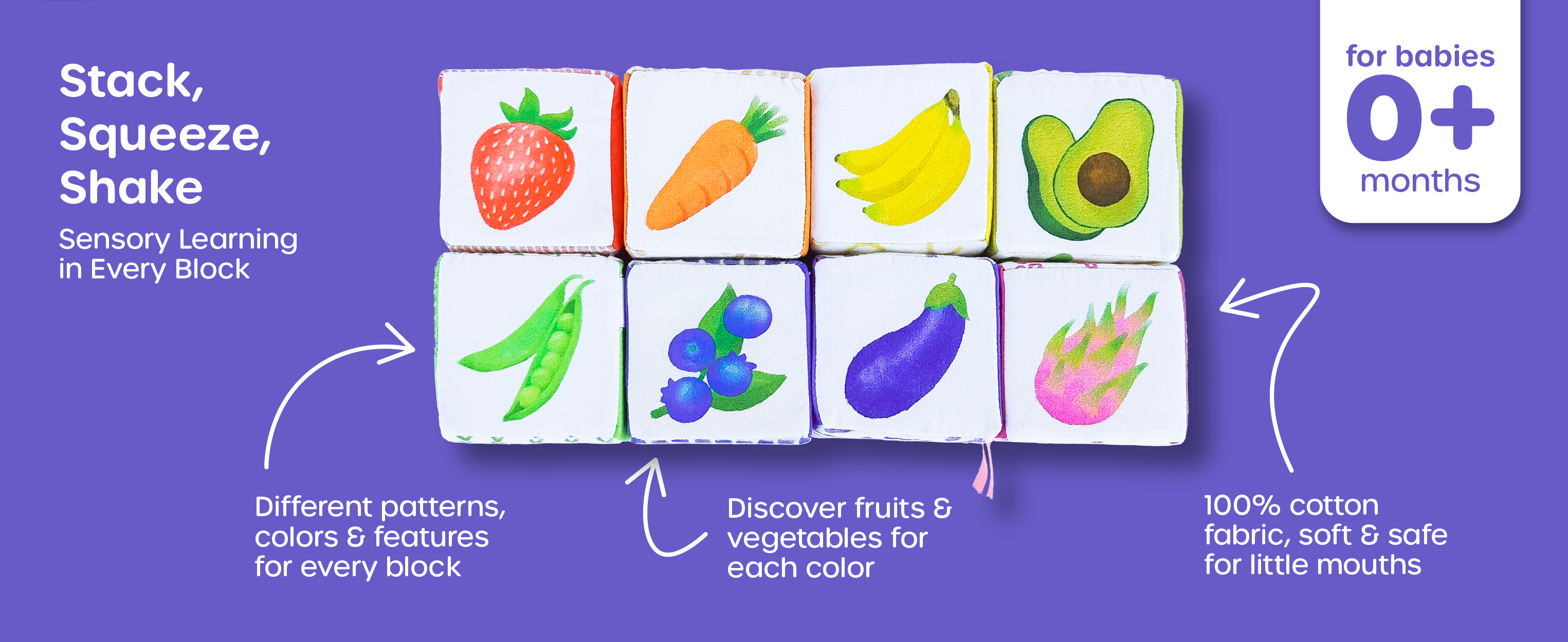 Soft cotton baby blocks set with colorful patterns and playful illustrations for sensory development