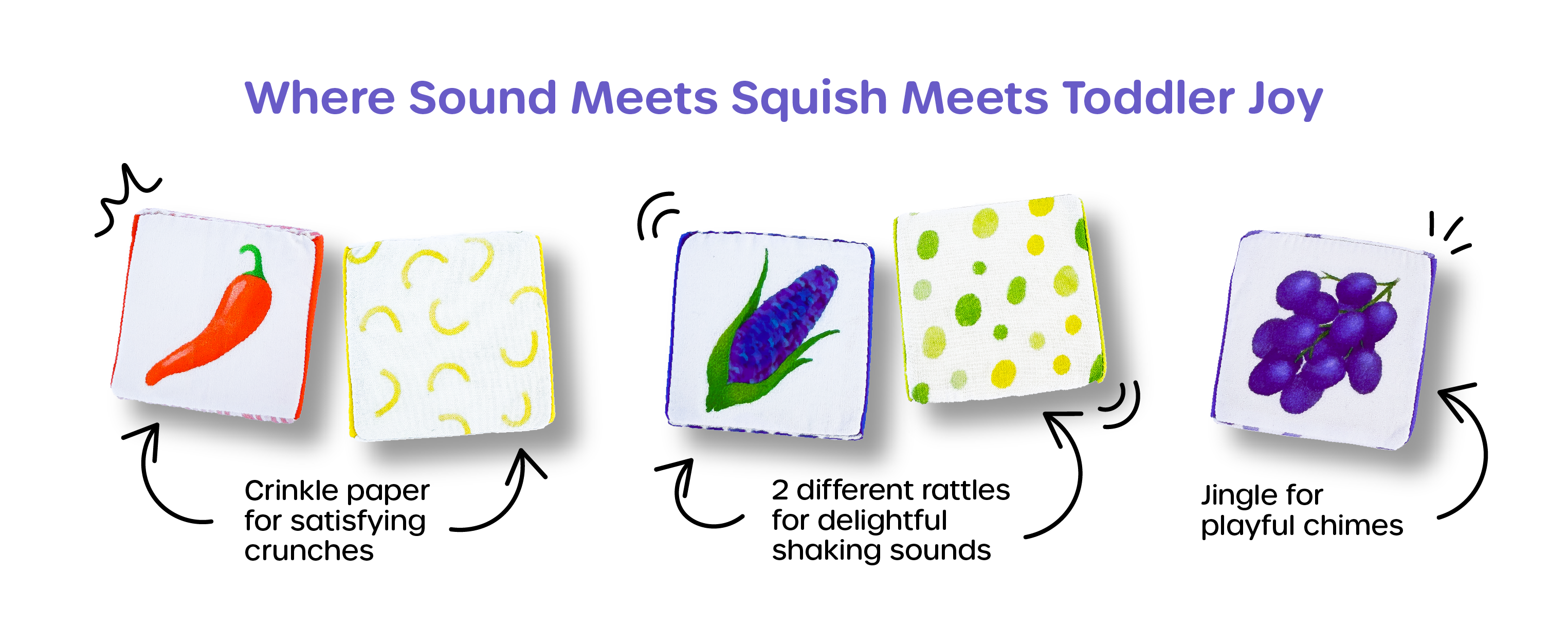 Includes baby-safe blocks with crinkle, rattle, and jingle sounds to stimulate auditory senses