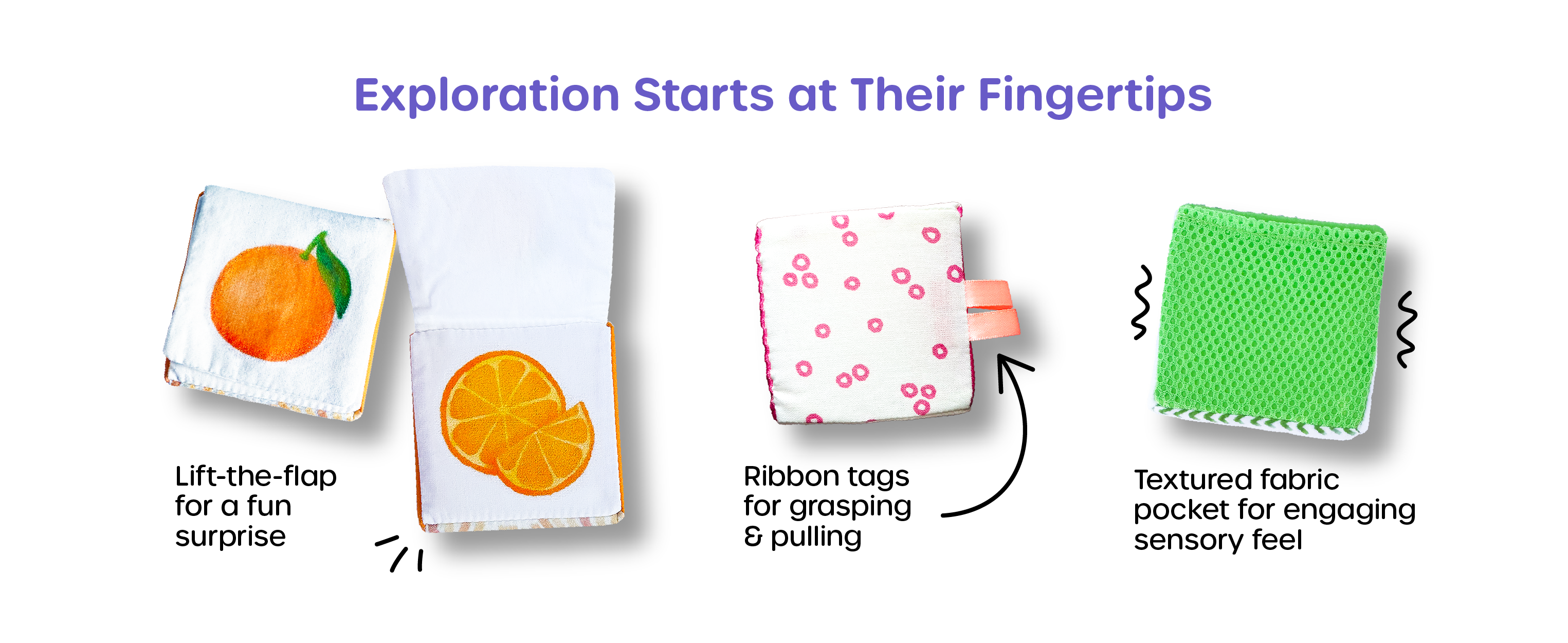 Fabric blocks with flaps, ribbon tags, and textured pockets for surprise and interactive play
