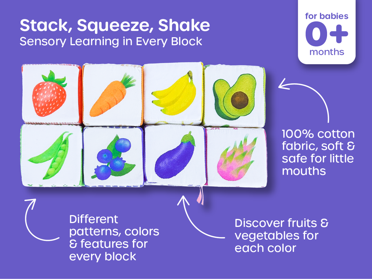 Soft cotton baby blocks set with colorful patterns and playful illustrations for sensory development