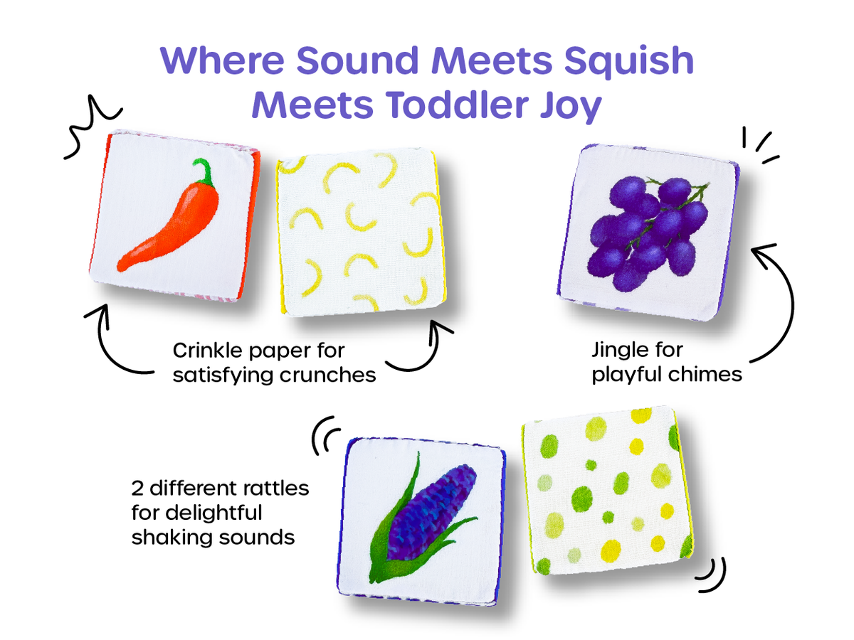 Includes baby-safe blocks with crinkle, rattle, and jingle sounds to stimulate auditory senses