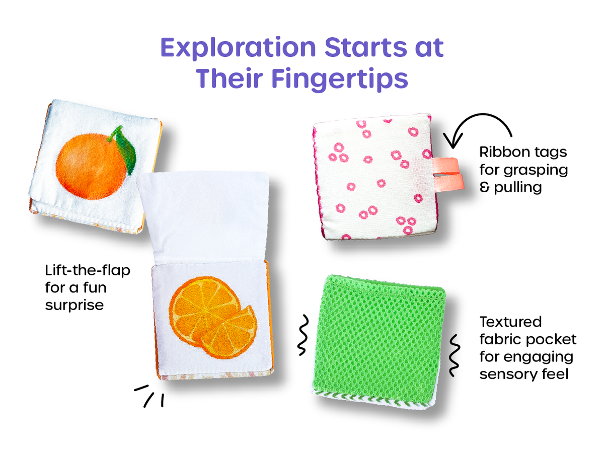 Fabric blocks with flaps, ribbon tags, and textured pockets for surprise and interactive play