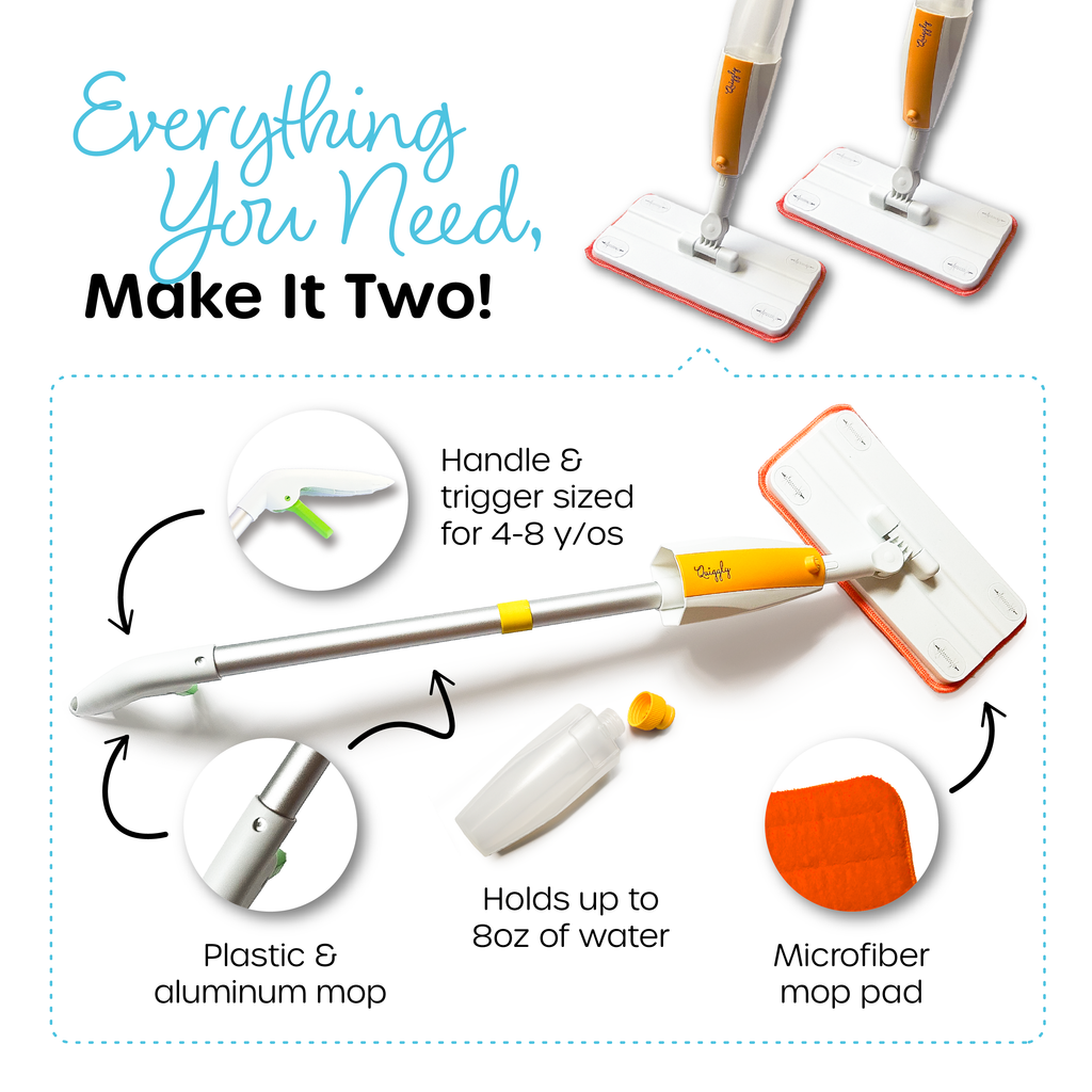 Kids spray mop set with durable microfiber pad, plastic and aluminum build, now in a 2-mop bundle