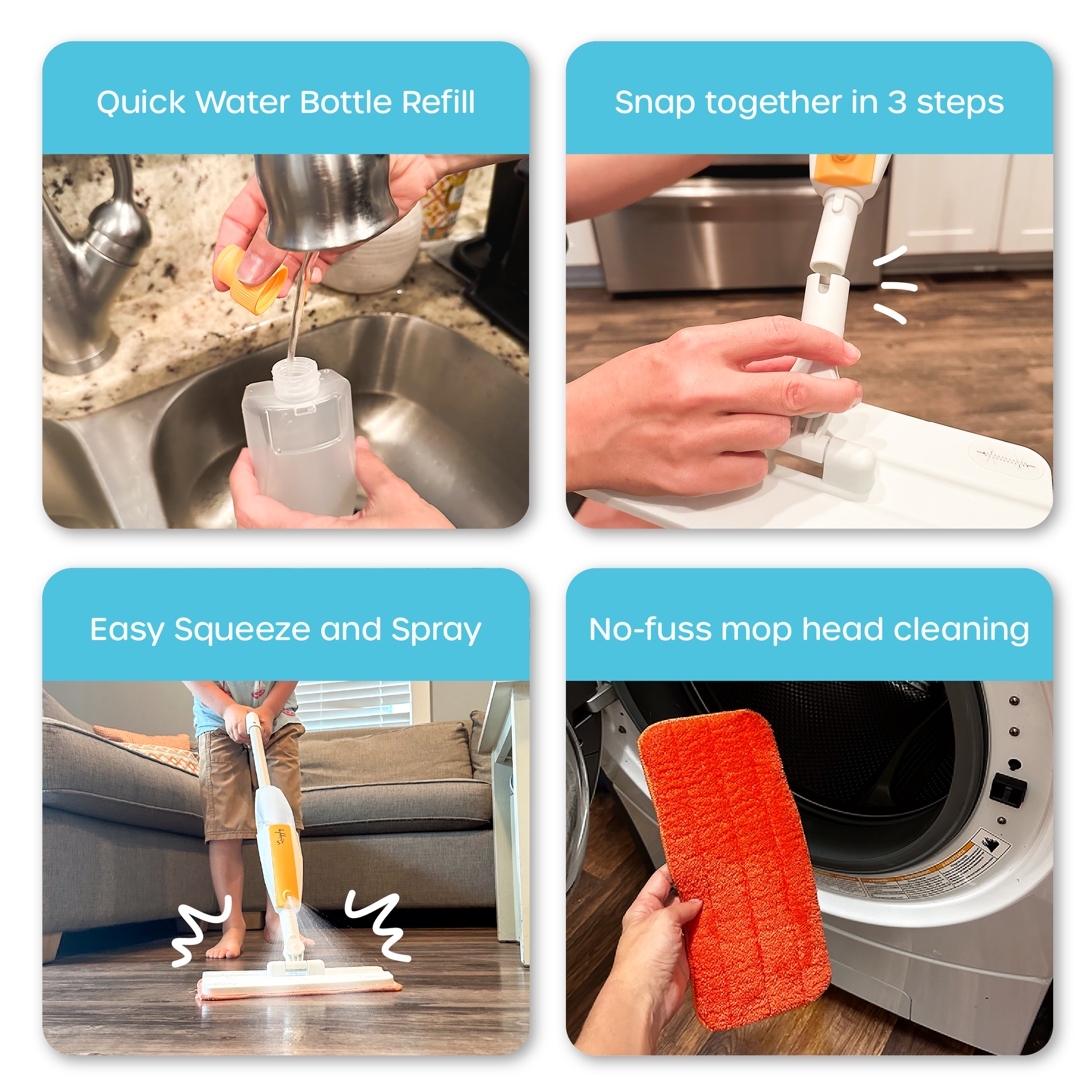 Toy mop with easy-to-follow care and usage instructions for parents and kids