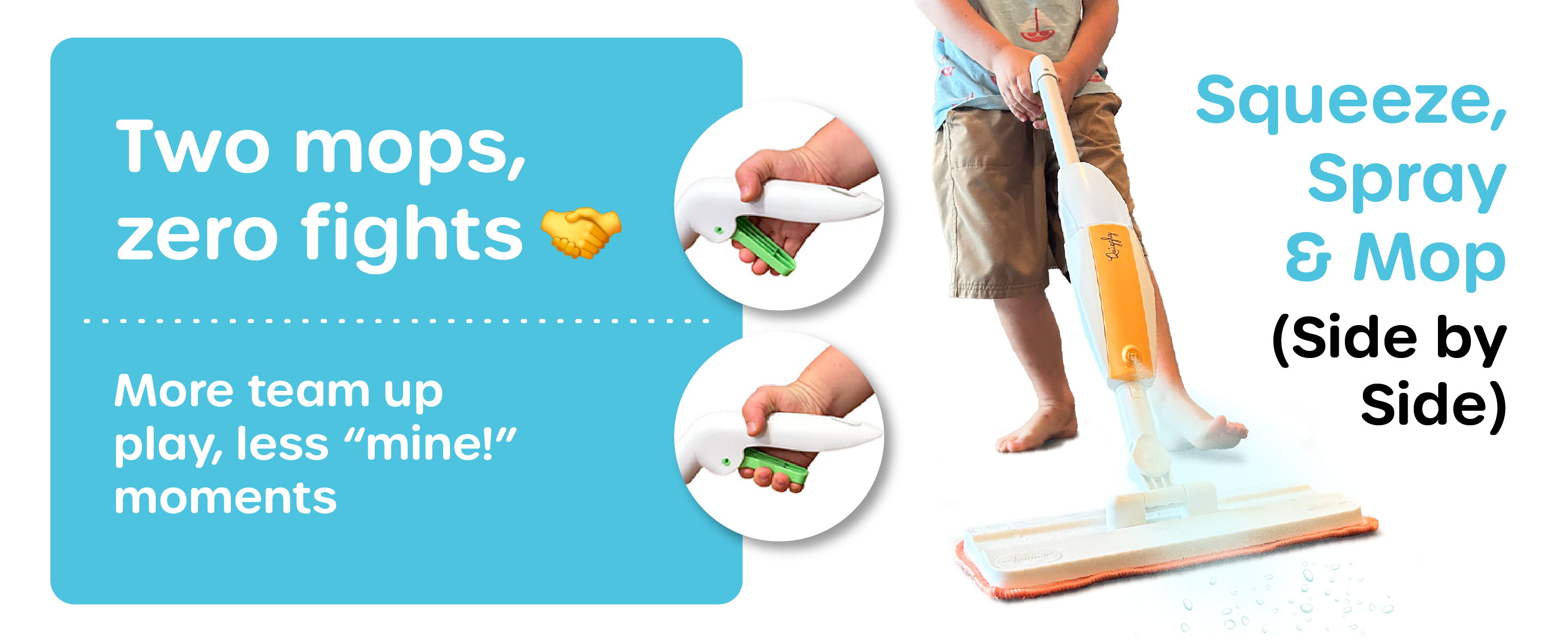 Two kid spray mops with easy-squeeze handles for shared play and real-life messes