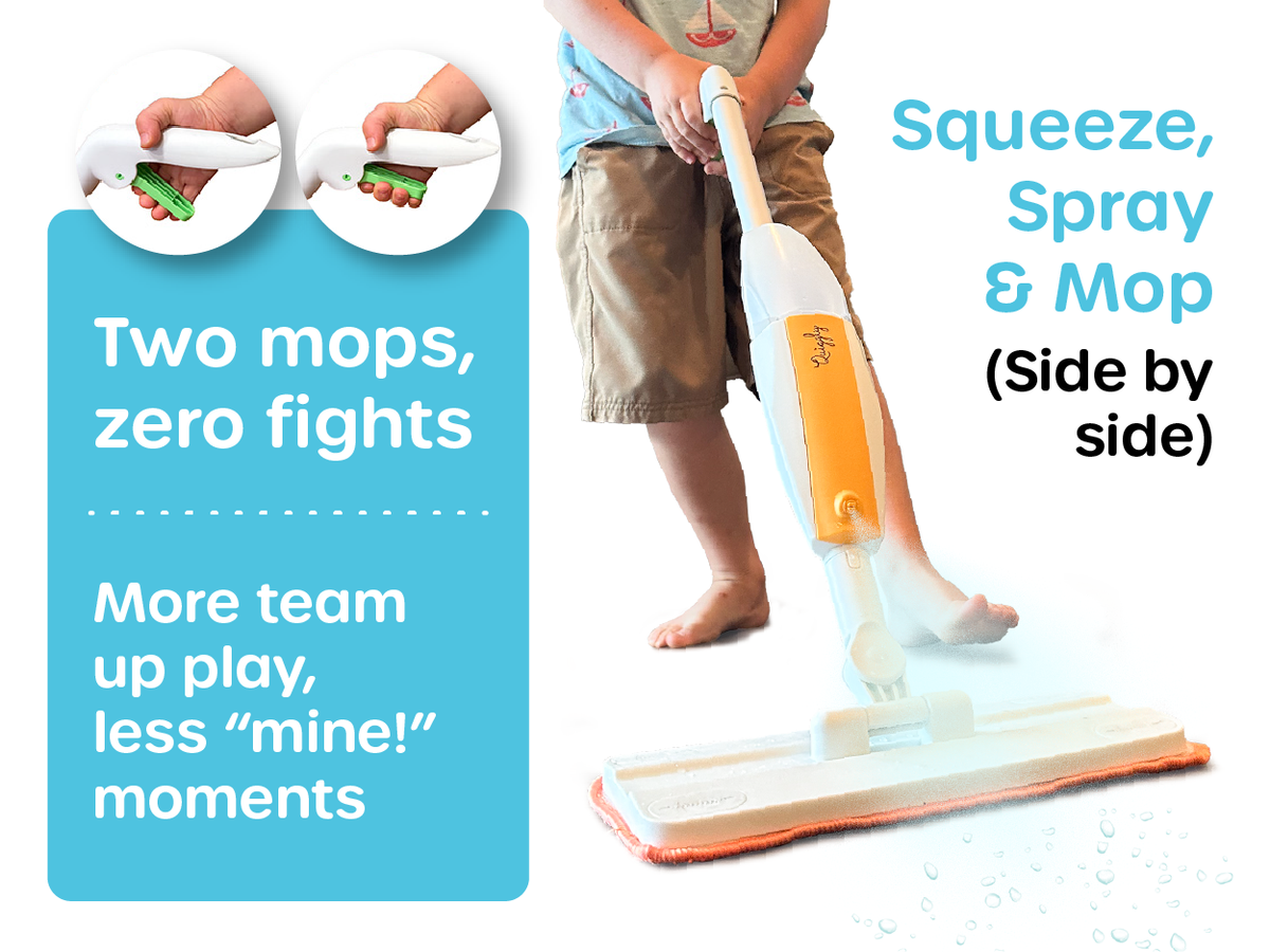 Two kid spray mops with easy-squeeze handles for shared play and real-life messes
