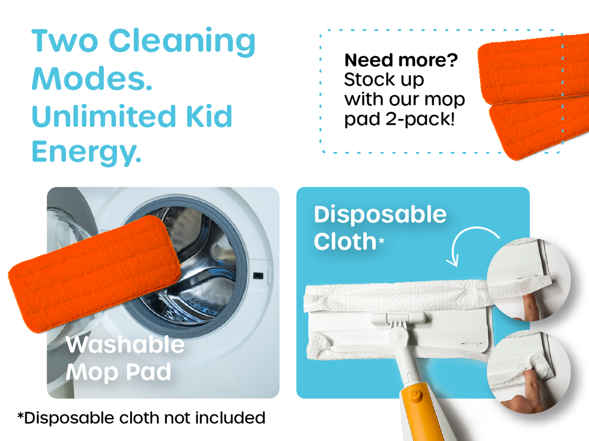 Our kid sized mop can work with swiffer disposable pads (not included) or our included washable microfiber mop pad 
