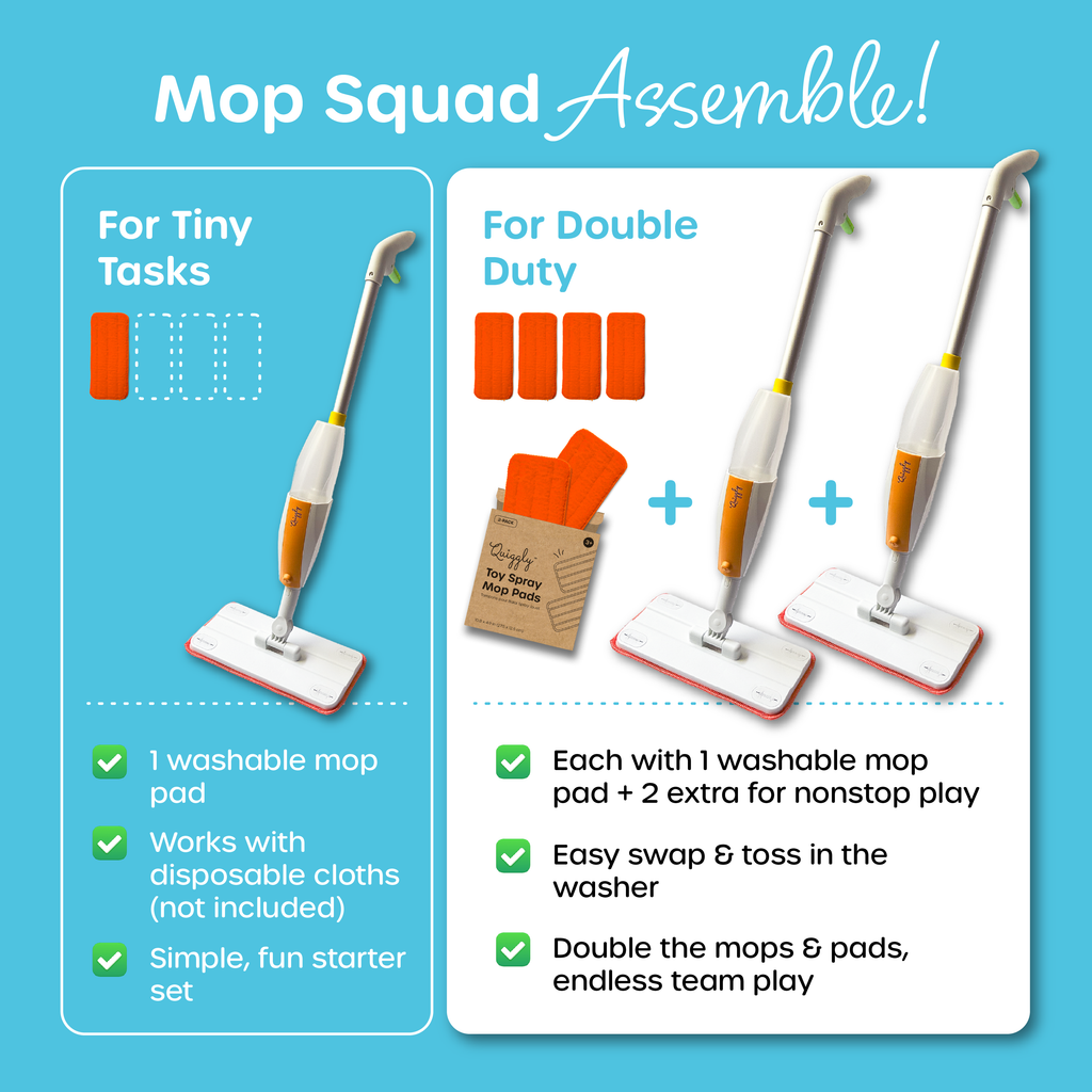 Kids spray mop vs. 2-mop bundle comparison chart with extra pads for longer playtime