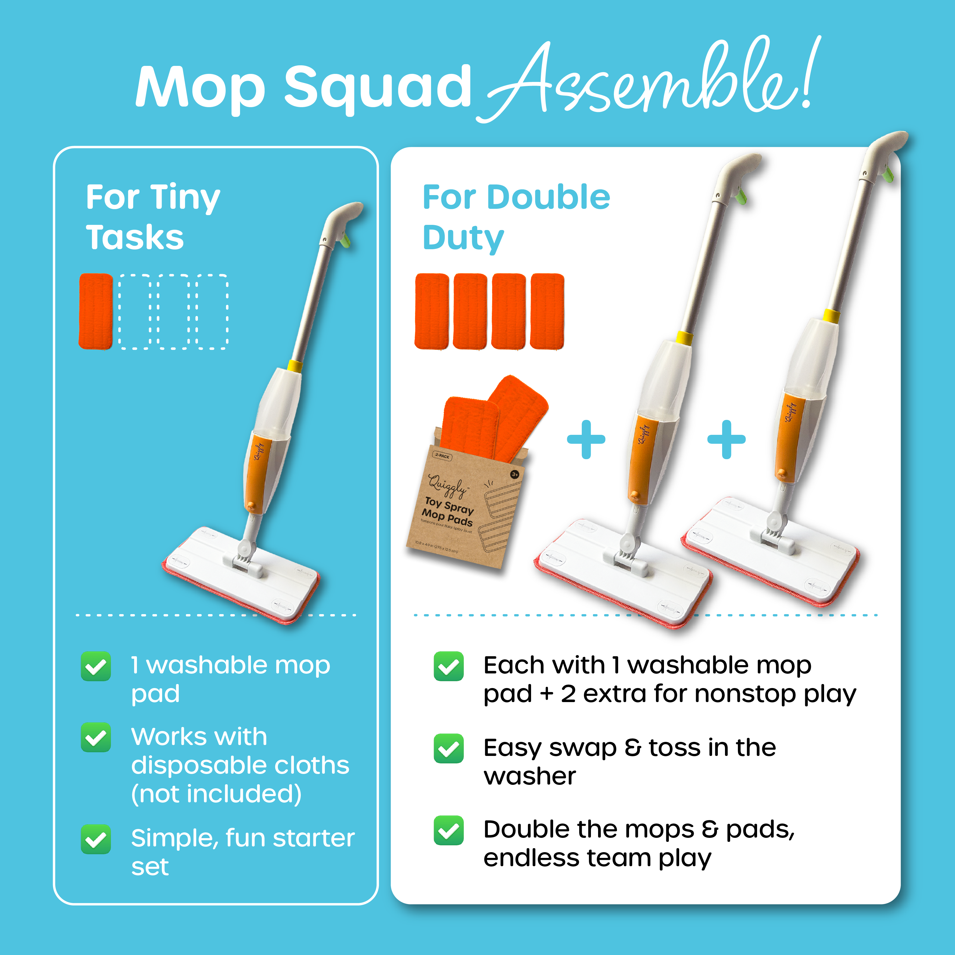 Kids spray mop vs. 2-mop bundle comparison chart with extra pads for longer playtime