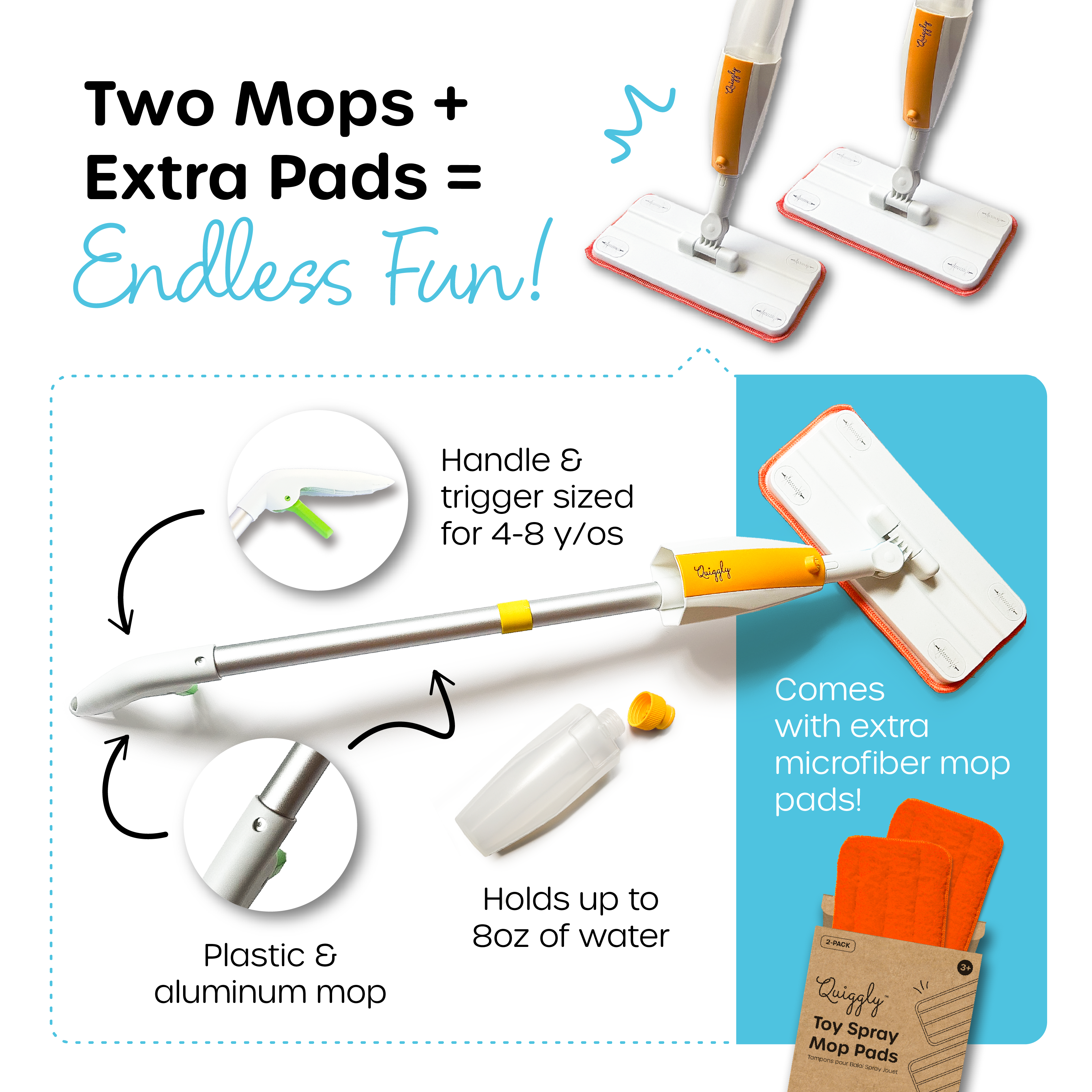 Kids spray mop bundle with two durable plastic and aluminum mops, child-friendly handles, and four microfiber mop pads included
