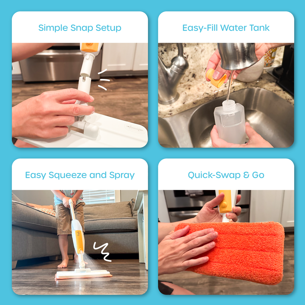 Double kids spray mop bundle with snap-together assembly, easy-fill tanks, squeeze-and-spray triggers, and 4 quick-swap microfiber pads