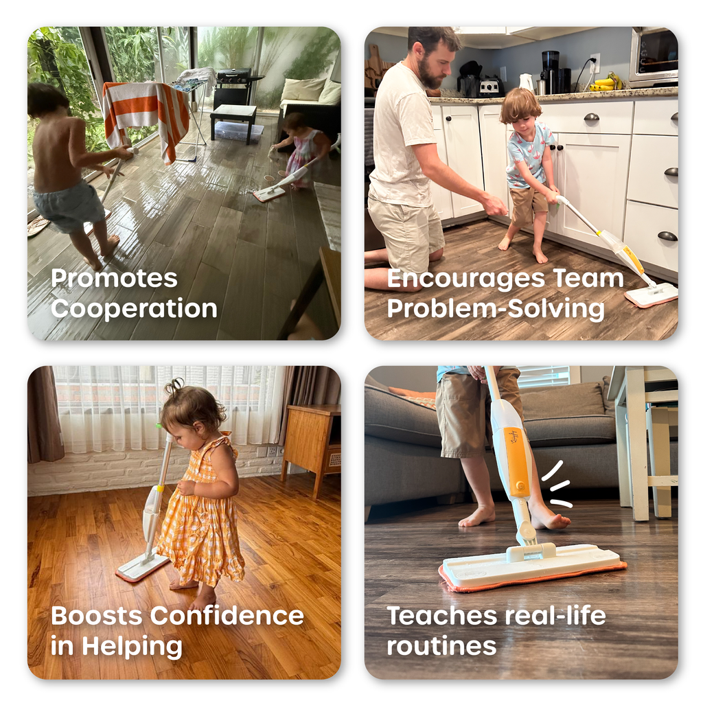 Children's spray mop toys promoting cooperative play, problem-solving skills, confidence, and real-world cleaning routines