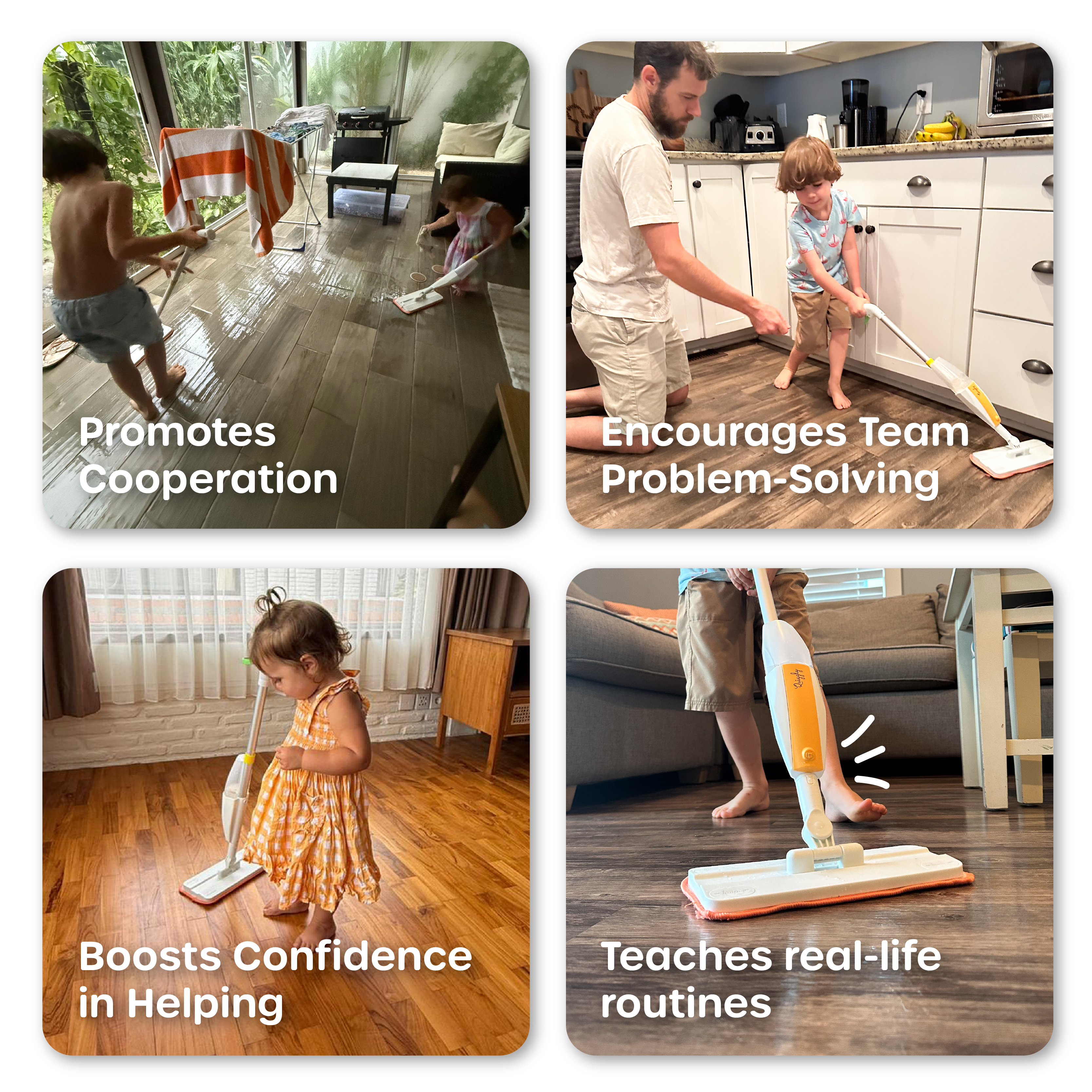 Children's spray mop toys promoting cooperative play, problem-solving skills, confidence, and real-world cleaning routines