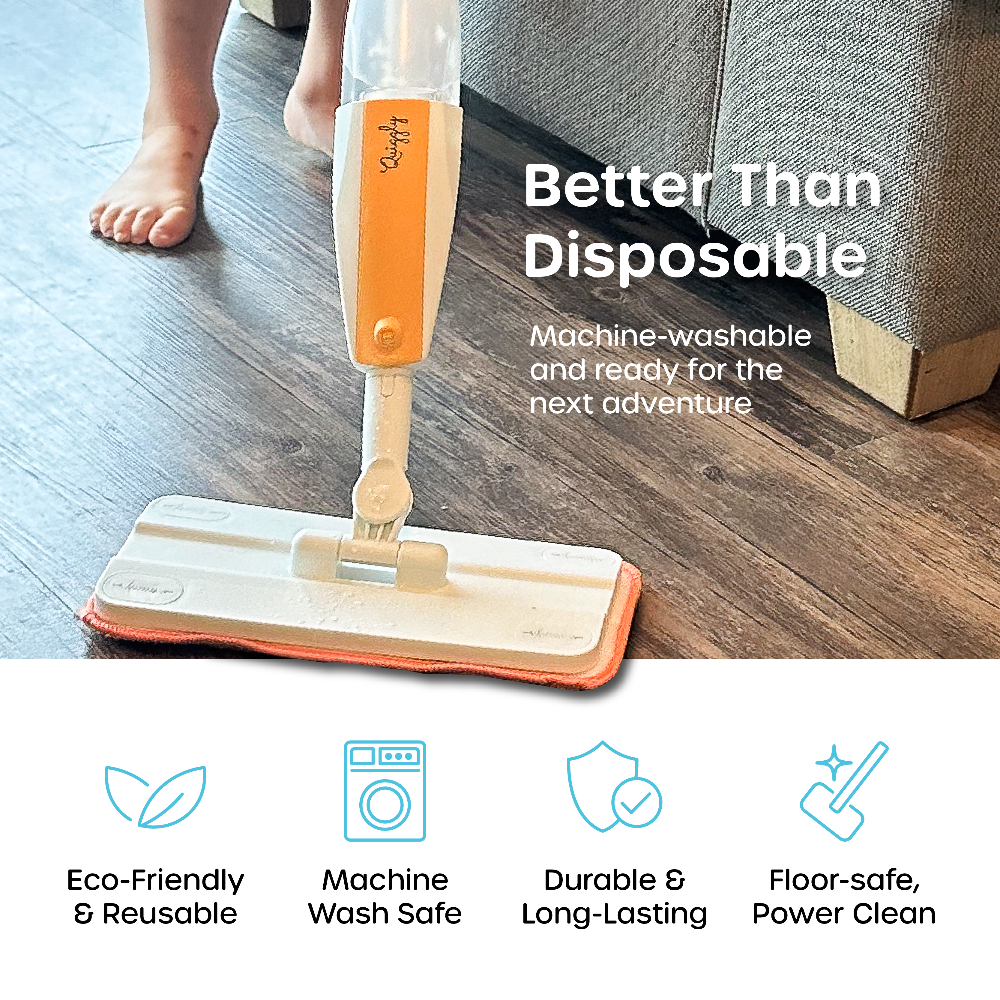 Kids' pretend-play mop pad featuring soft, washable microfiber for safe indoor cleaning play