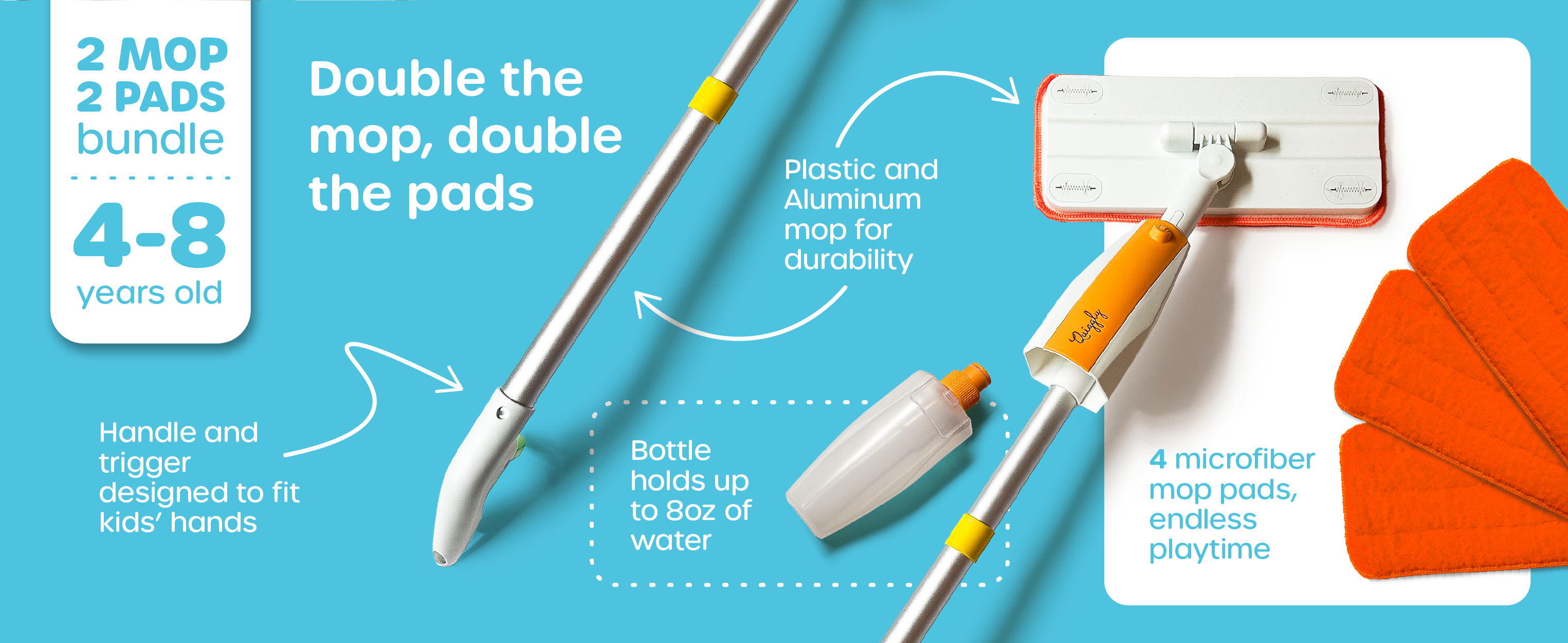 2 kid-sized real spray mop and extra pads bundle for ages 4–8 with child-friendly handle and 4 microfiber pads