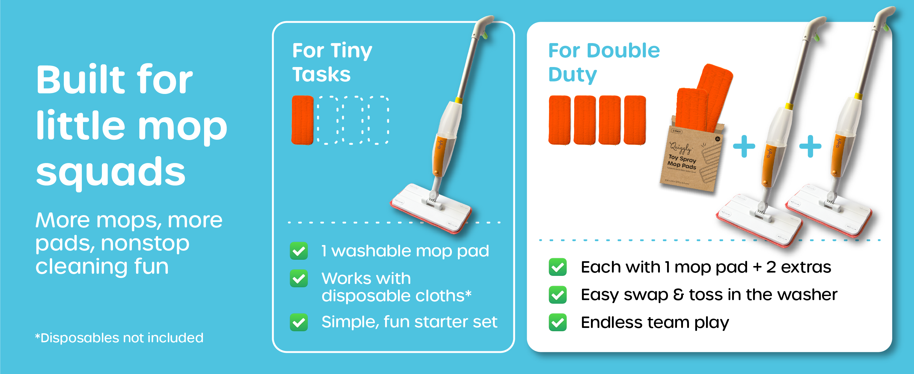Side-by-side comparison of kids spray mop and 2-pack spray mop bundle with extra microfiber pads for cooperative playtime