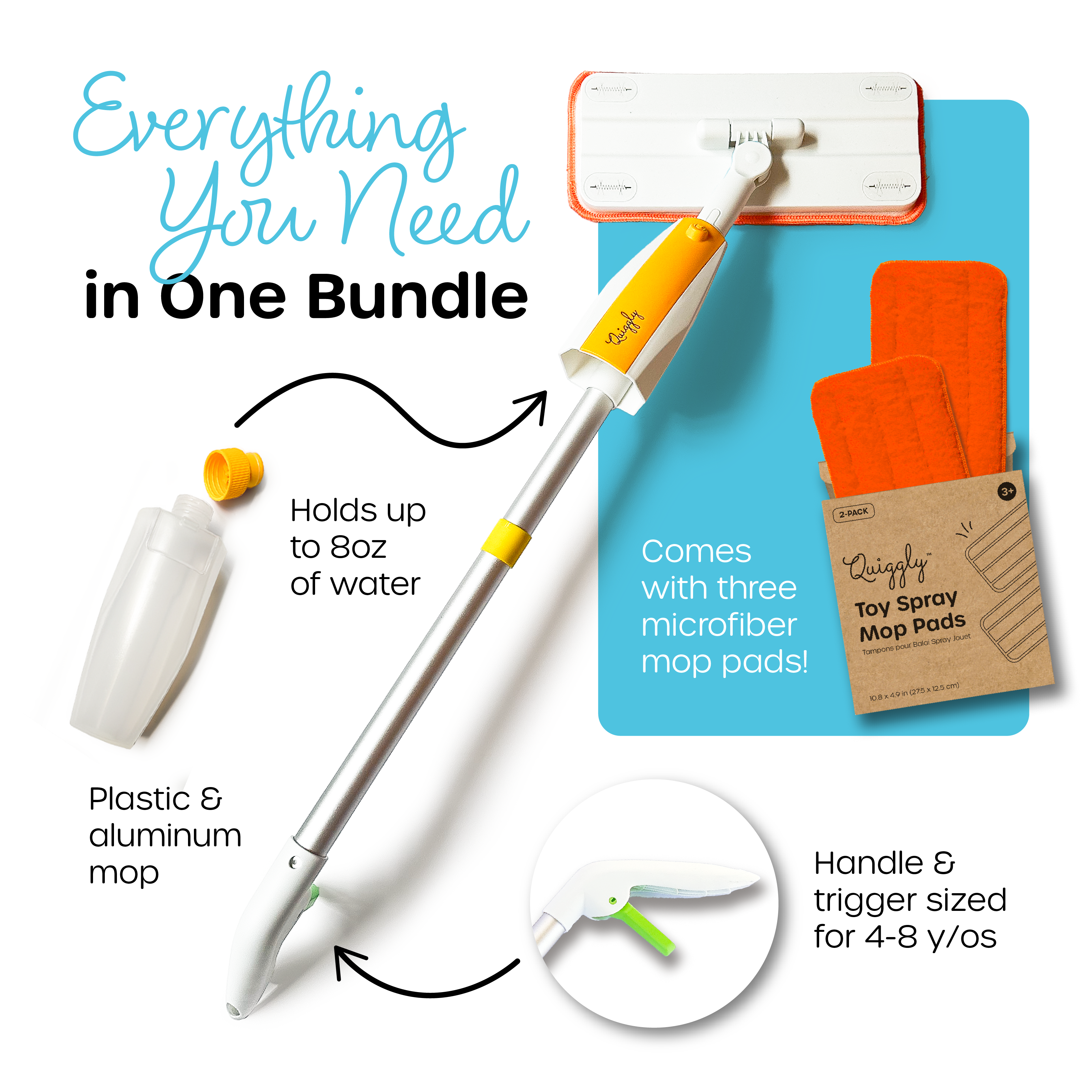 Children's spray mop with durable plastic and aluminum body, kid-friendly handle, and 3 microfiber mop pads