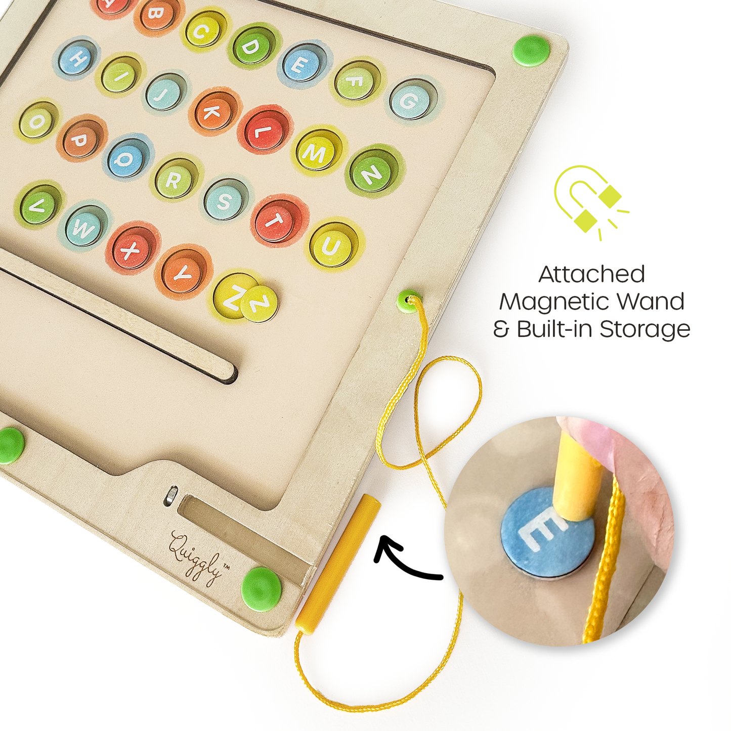 Tethered magnetic wand with built-in storage to keep all parts secure and travel-ready