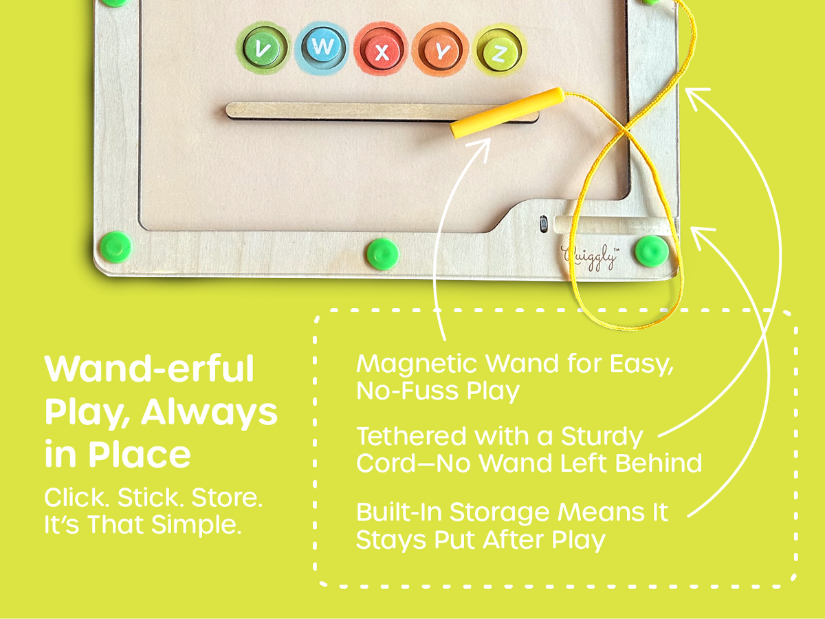 Magnetic wand is attached with a sturdy cord and stores neatly in the board slot