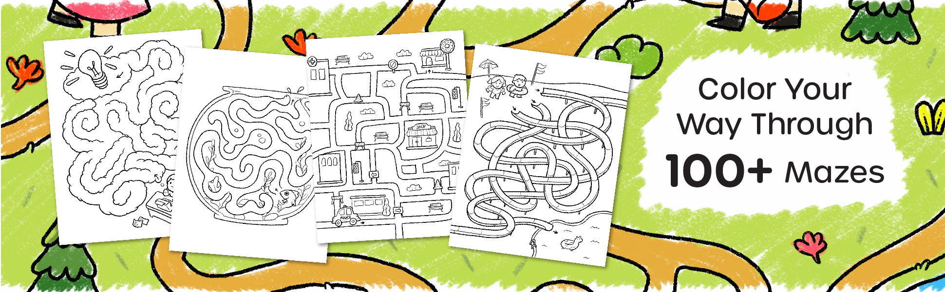 Includes 100+ engaging mazes that kids can color and solve for hours of creativity