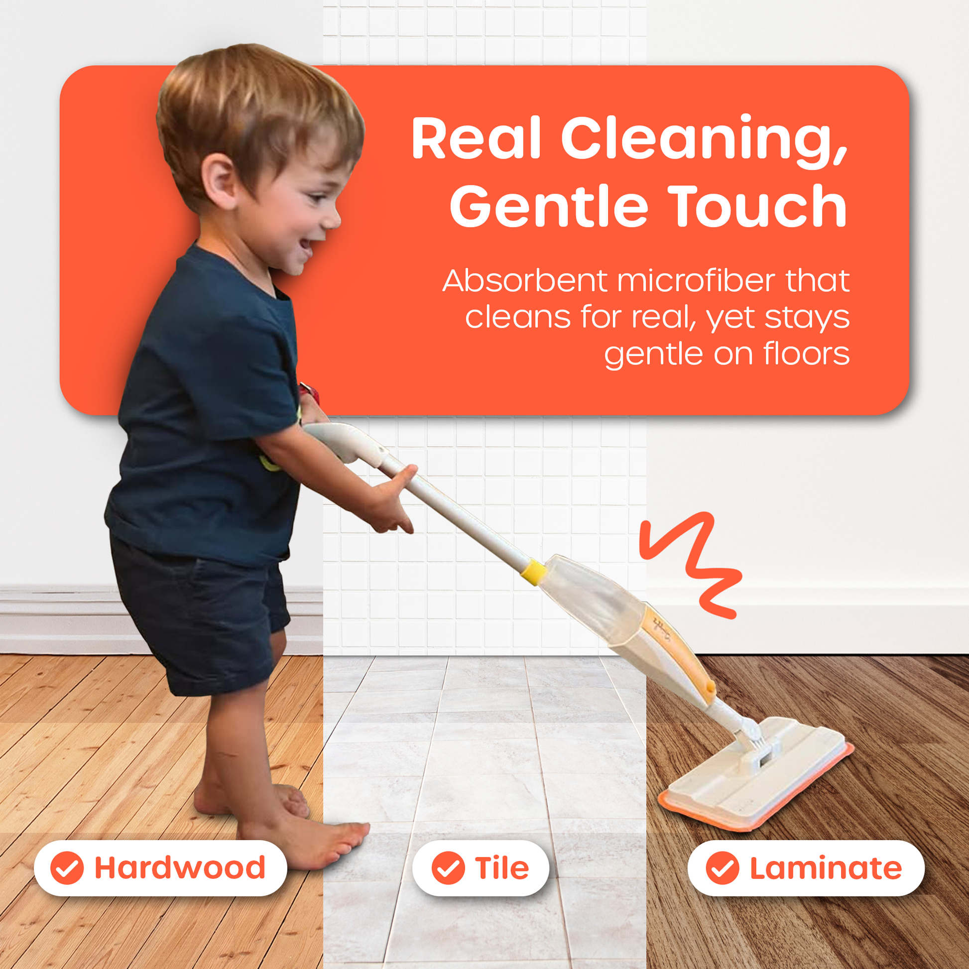 Kid mop pad safe and gentle for hardwood, tile, and laminate floors—worry-free play for parents