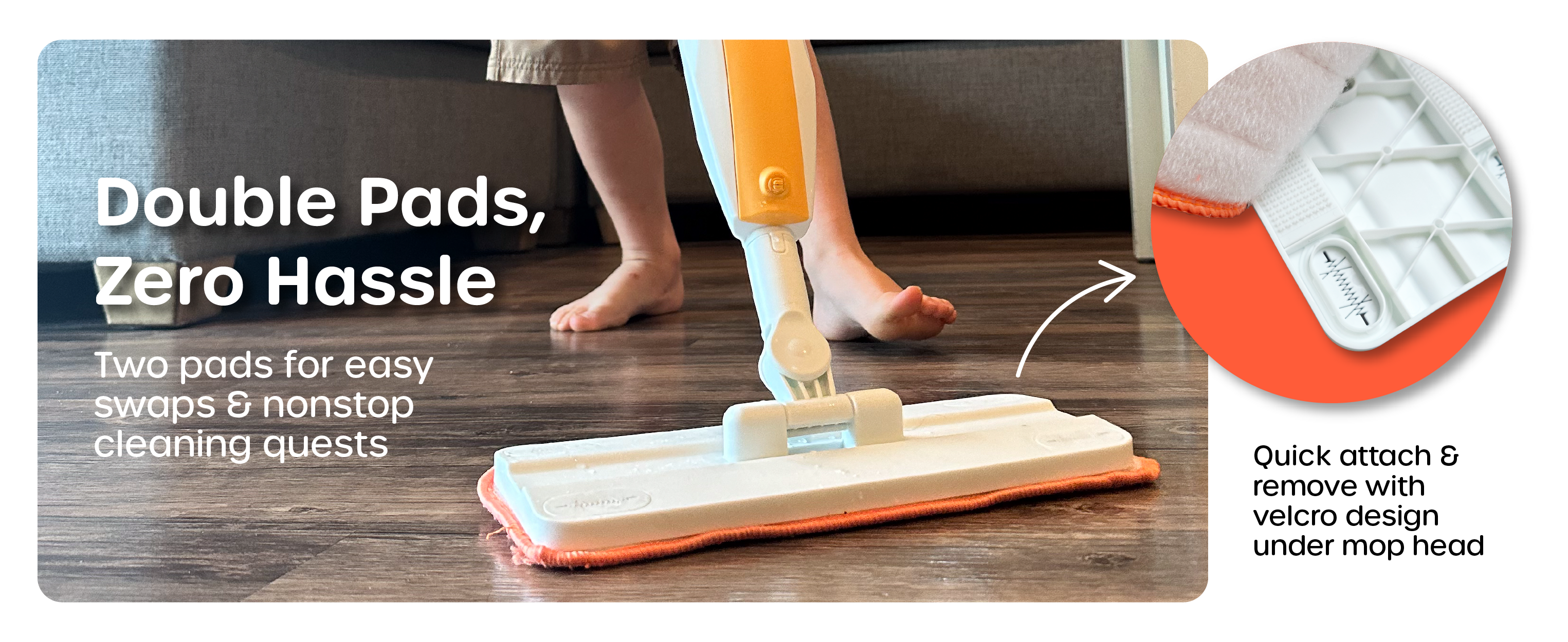 Two reusable Quiggly mop pads with quick-attach Velcro design for easy swaps and nonstop cleaning play
