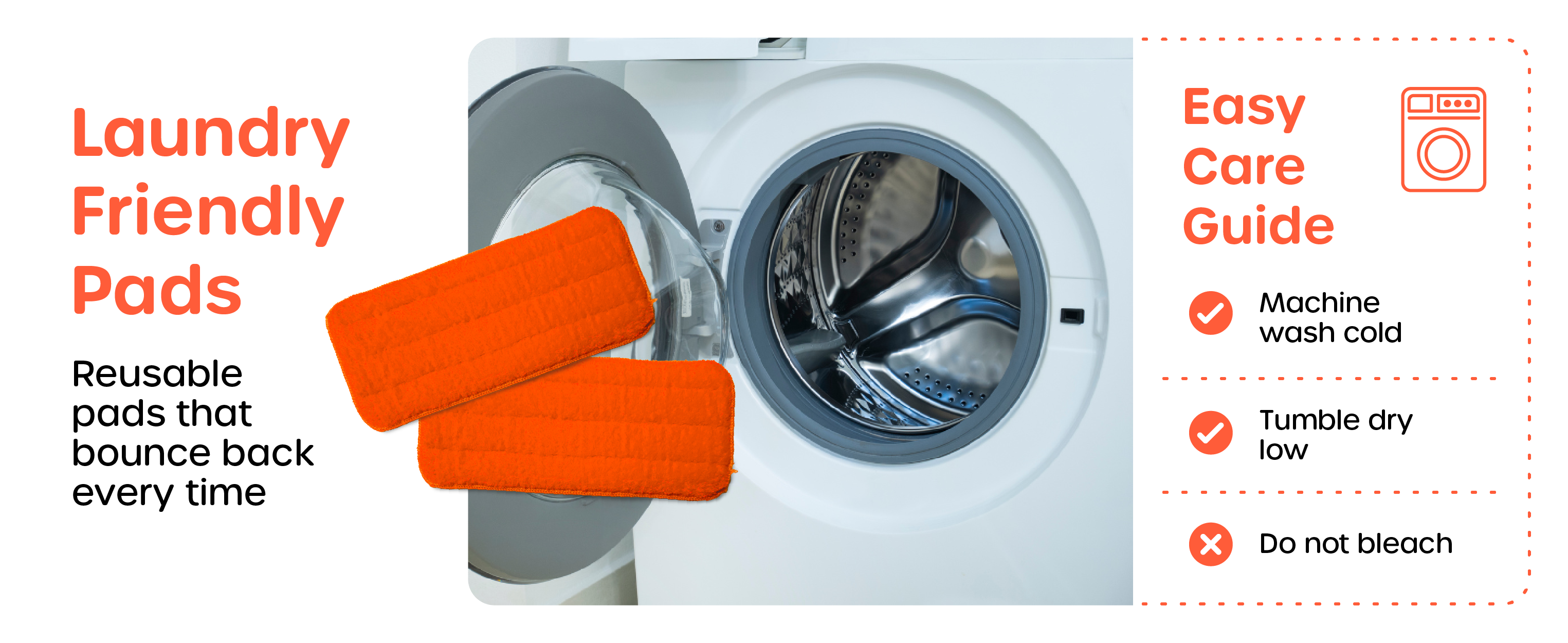 Reusable Quiggly mop pads, laundry-friendly and easy to care for—machine wash cold, tumble dry low, no bleach