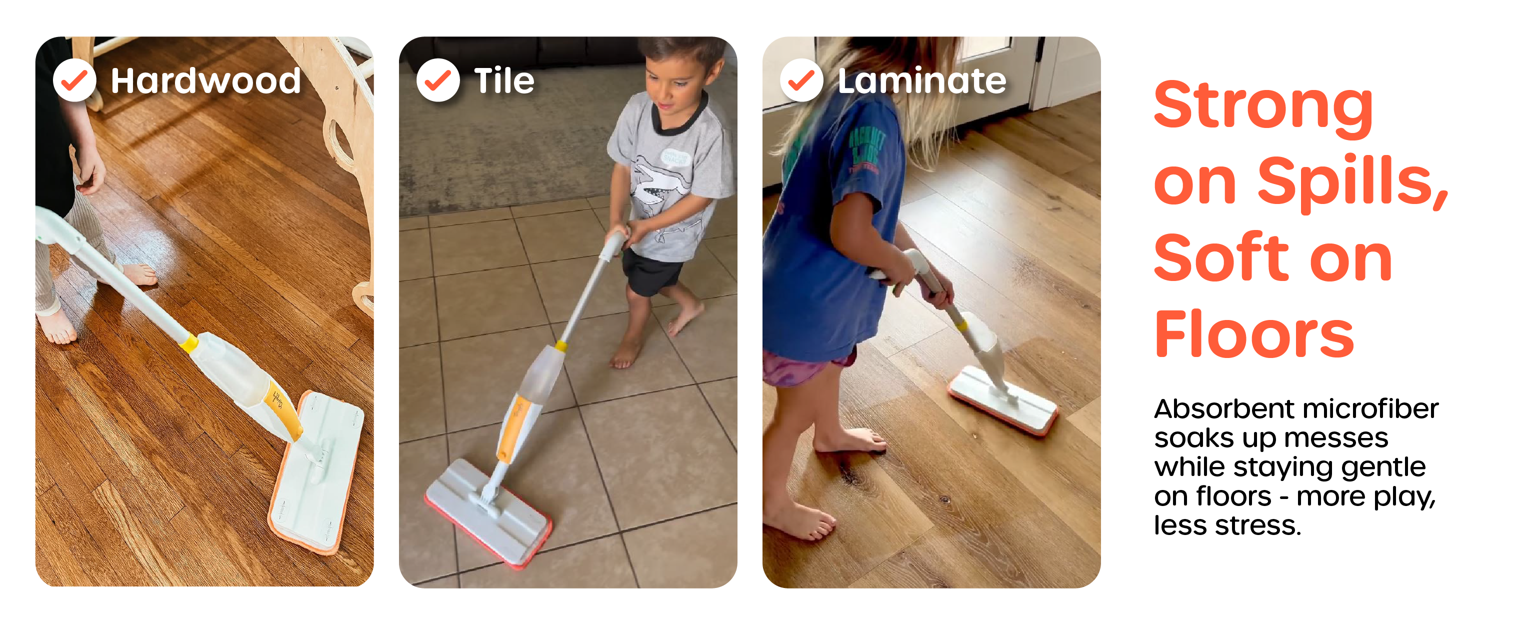 Absorbent microfiber Quiggly mop pads strong on spills yet gentle on hardwood, tile, and laminate floors