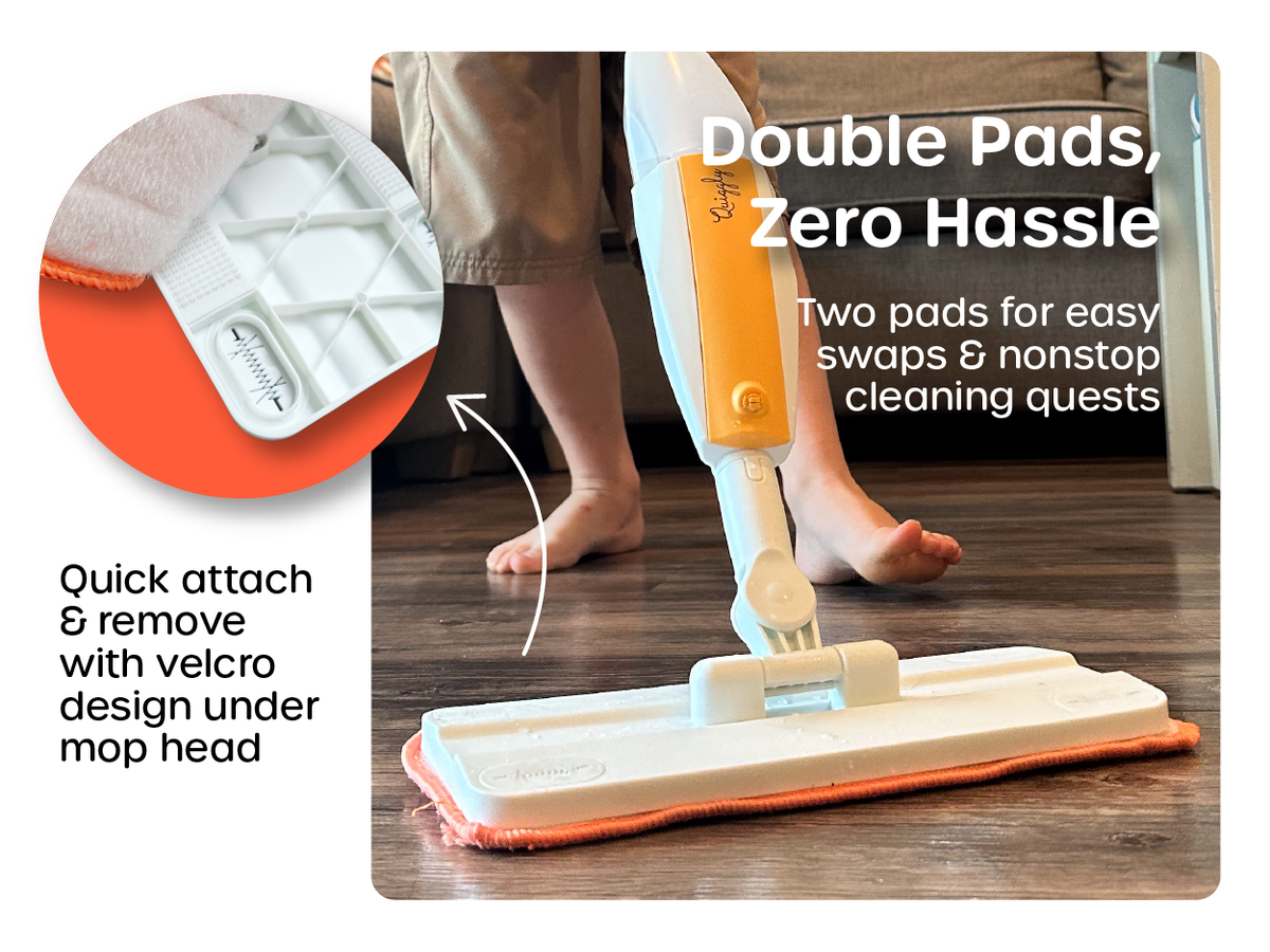 Two reusable Quiggly mop pads with quick-attach Velcro design for easy swaps and nonstop cleaning play
