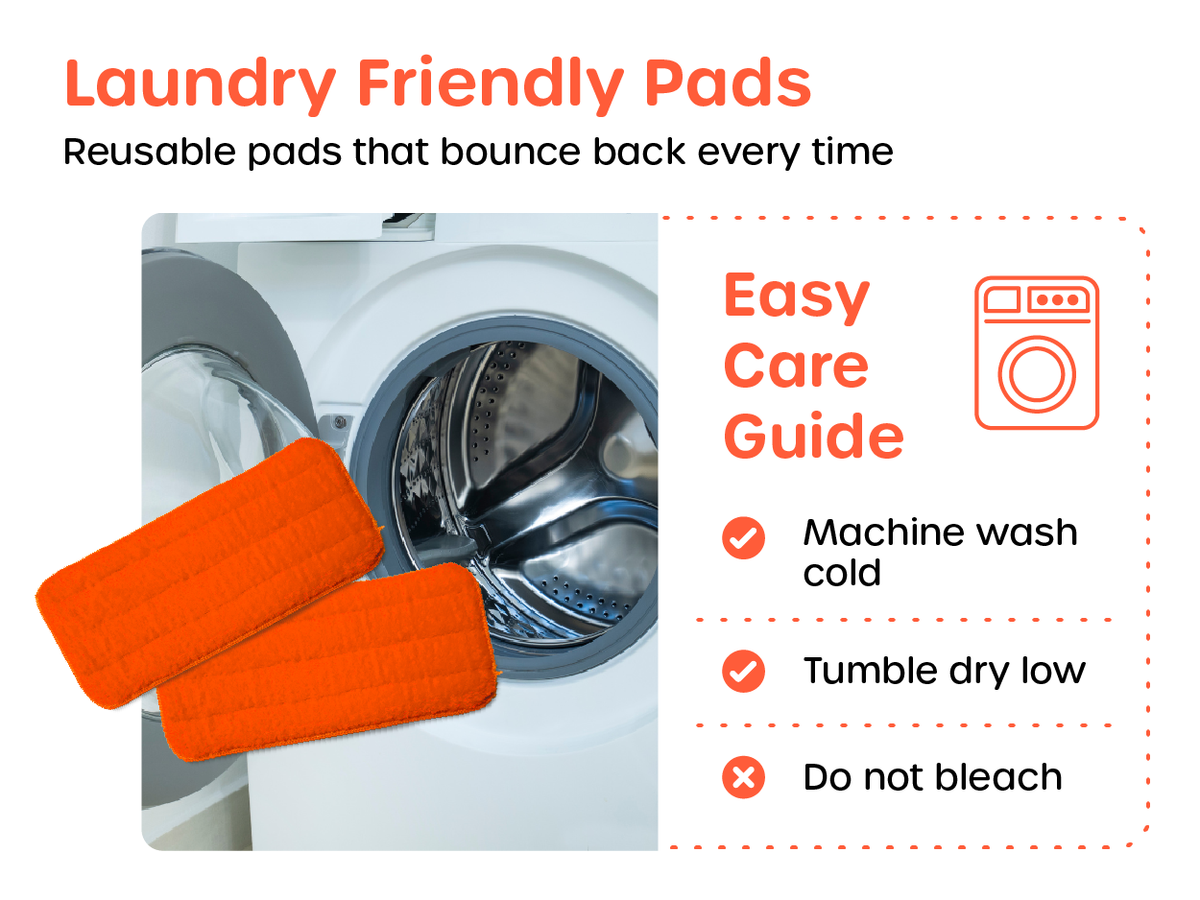 Reusable Quiggly mop pads, laundry-friendly and easy to care for—machine wash cold, tumble dry low, no bleach