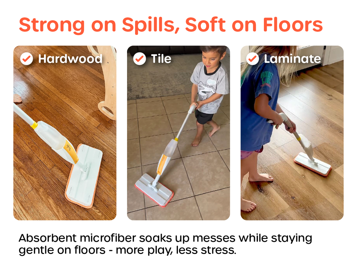 Absorbent microfiber Quiggly mop pads strong on spills yet gentle on hardwood, tile, and laminate floors