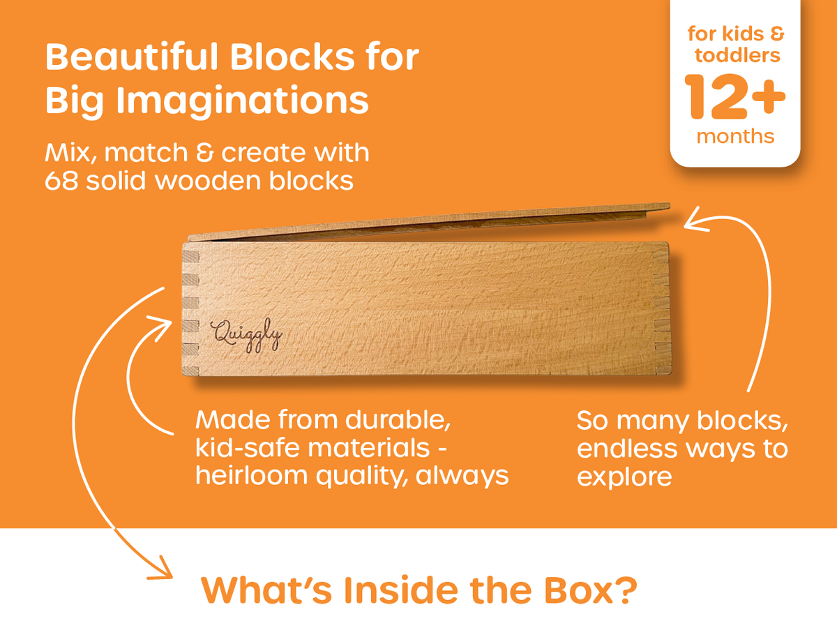 Colorful wooden blocks set for toddlers 12 months+, made with smooth, kid-safe wood
