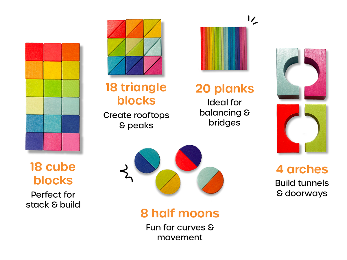 68 rainbow blocks in fun shapes and sizes to spark toddler creativity and open-ended play