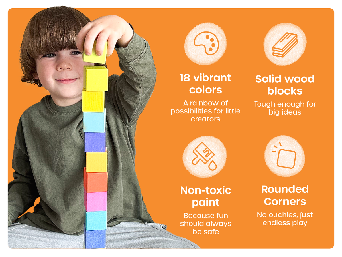 Durable wooden blocks with 18 bright colors, rounded edges, and non-toxic finish for safe play