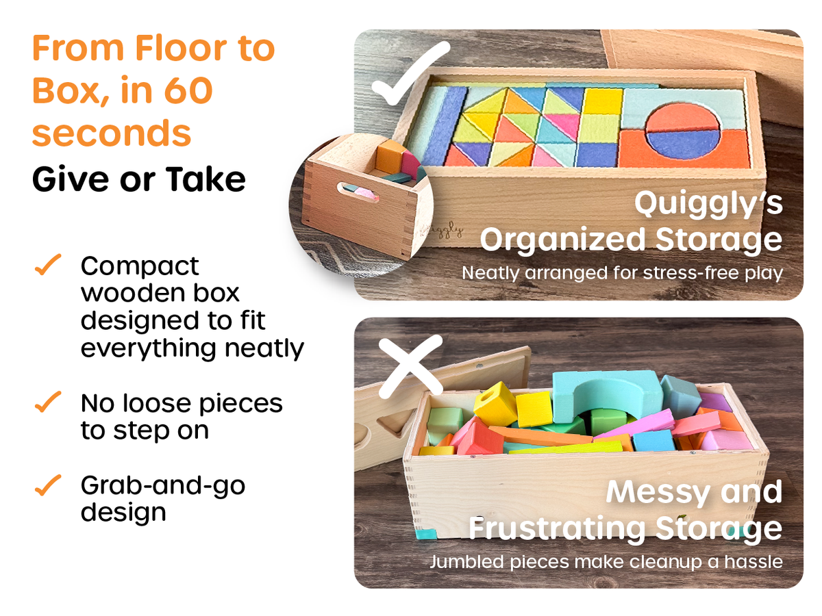 Includes compact wooden storage box with handle for easy cleanup and travel-friendly design