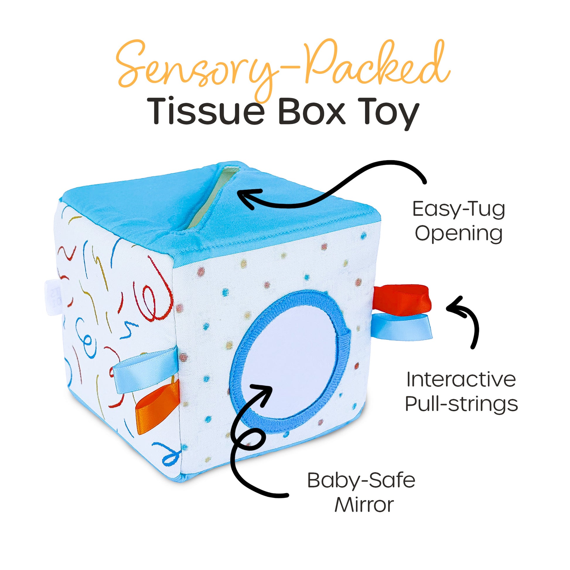 Sensory-packed baby toy with easy tug opening, crinkle tissues, pull strings, and baby-safe mirror