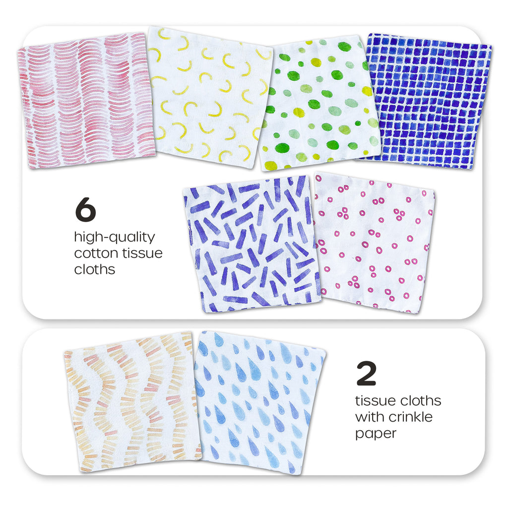 Includes 6 soft cotton tissue cloths and 2 crinkle tissue cloths with fun, sensory sounds