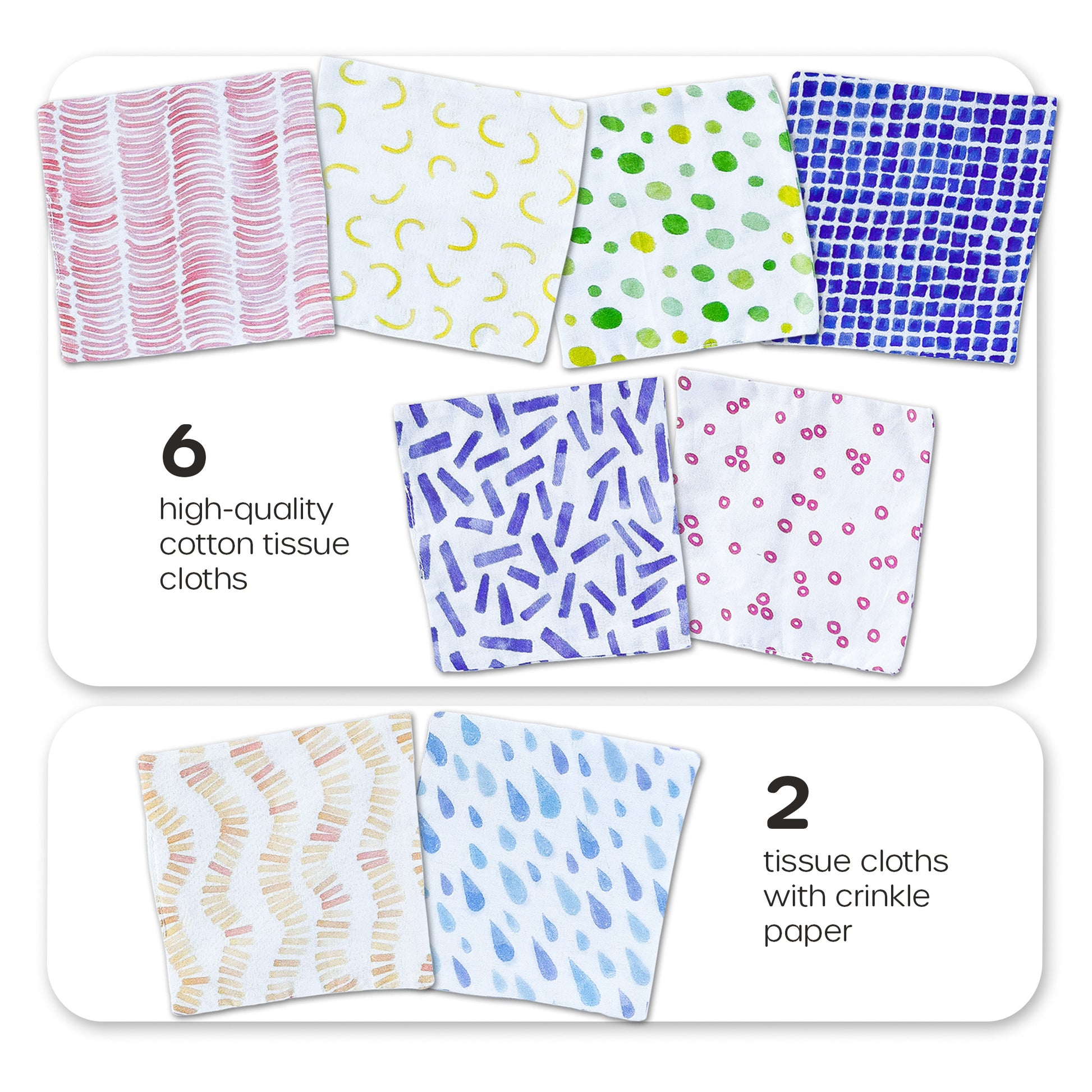 Includes 6 soft cotton tissue cloths and 2 crinkle tissue cloths with fun, sensory sounds