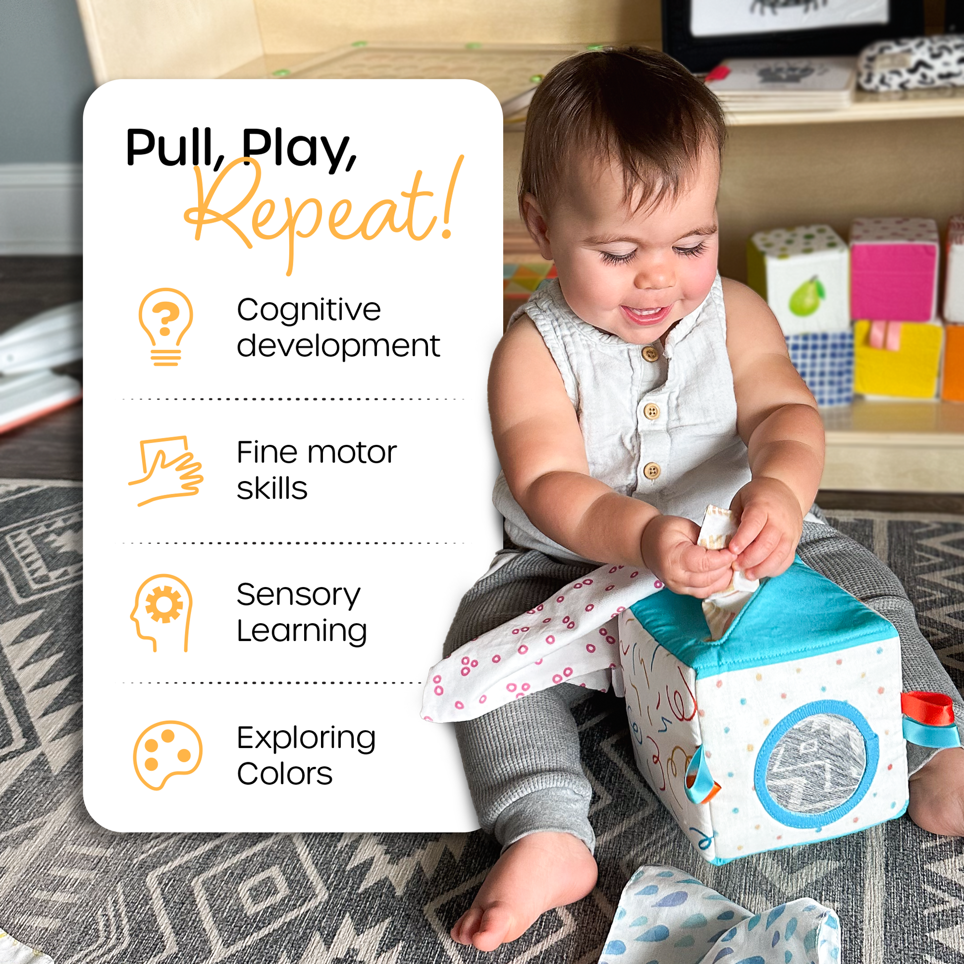 Soft tissue box toy that encourages cognitive growth, fine motor development, and sensory exploration