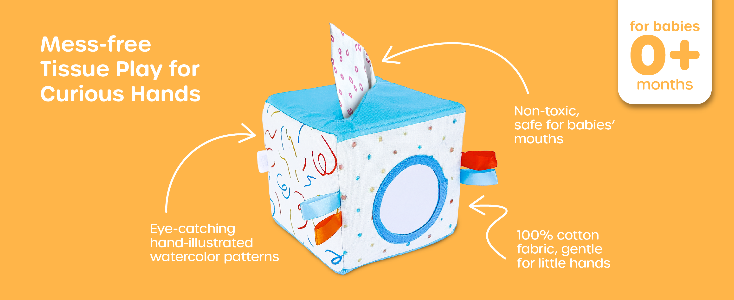 Soft cotton tissue box toy for babies 0+, safe for mouthing and gentle on tiny hands