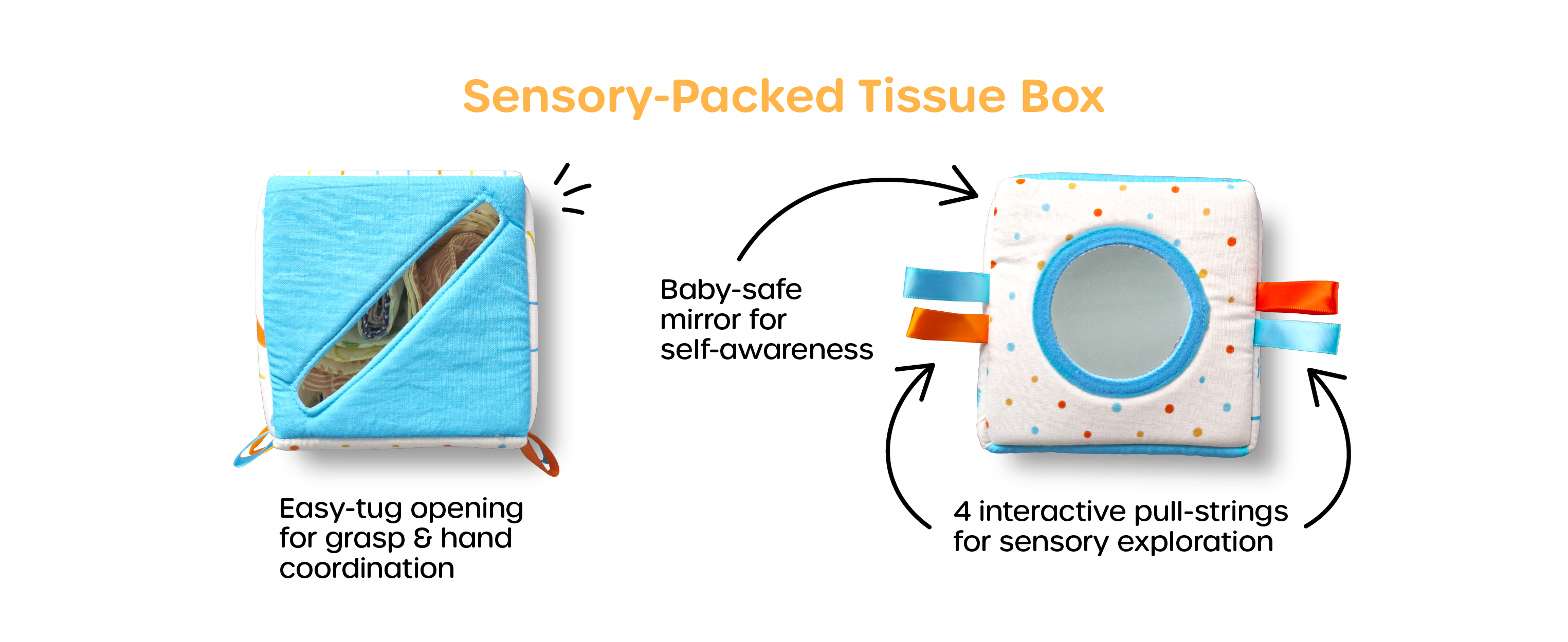Sensory-rich baby toy with easy-pull opening, baby-safe mirror, and four interactive pull strings