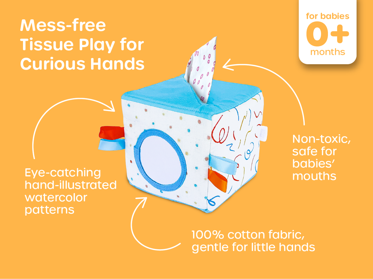 Soft cotton tissue box toy for babies 0+, safe for mouthing and gentle on tiny hands