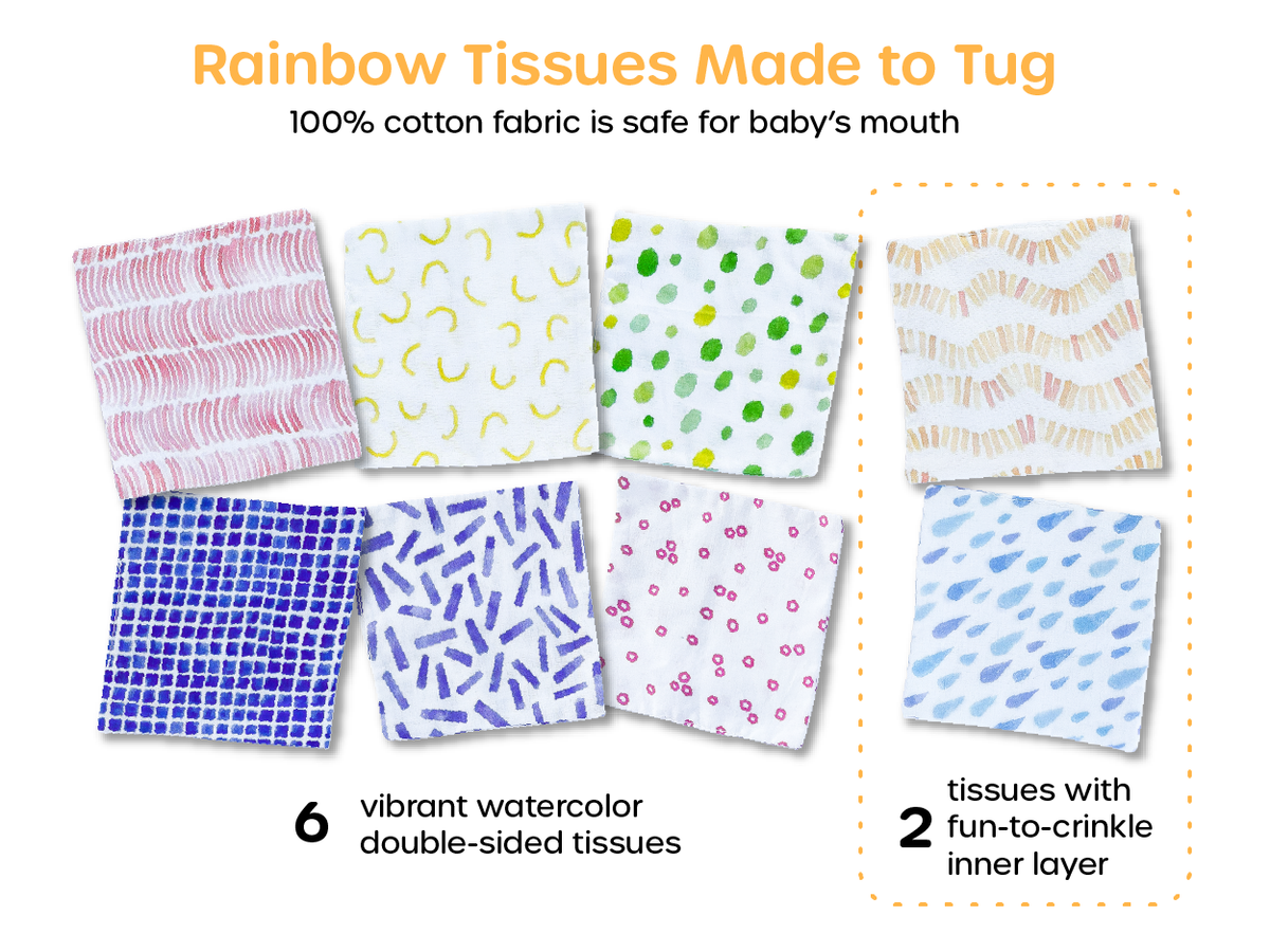 Includes 8 rainbow fabric tissues with watercolor prints, 2 with surprise crinkle sounds
