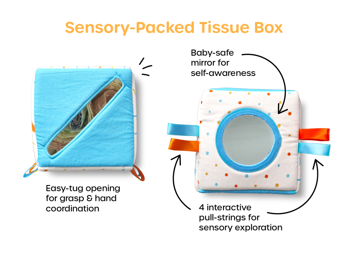 Sensory-rich baby toy with easy-pull opening, baby-safe mirror, and four interactive pull strings
