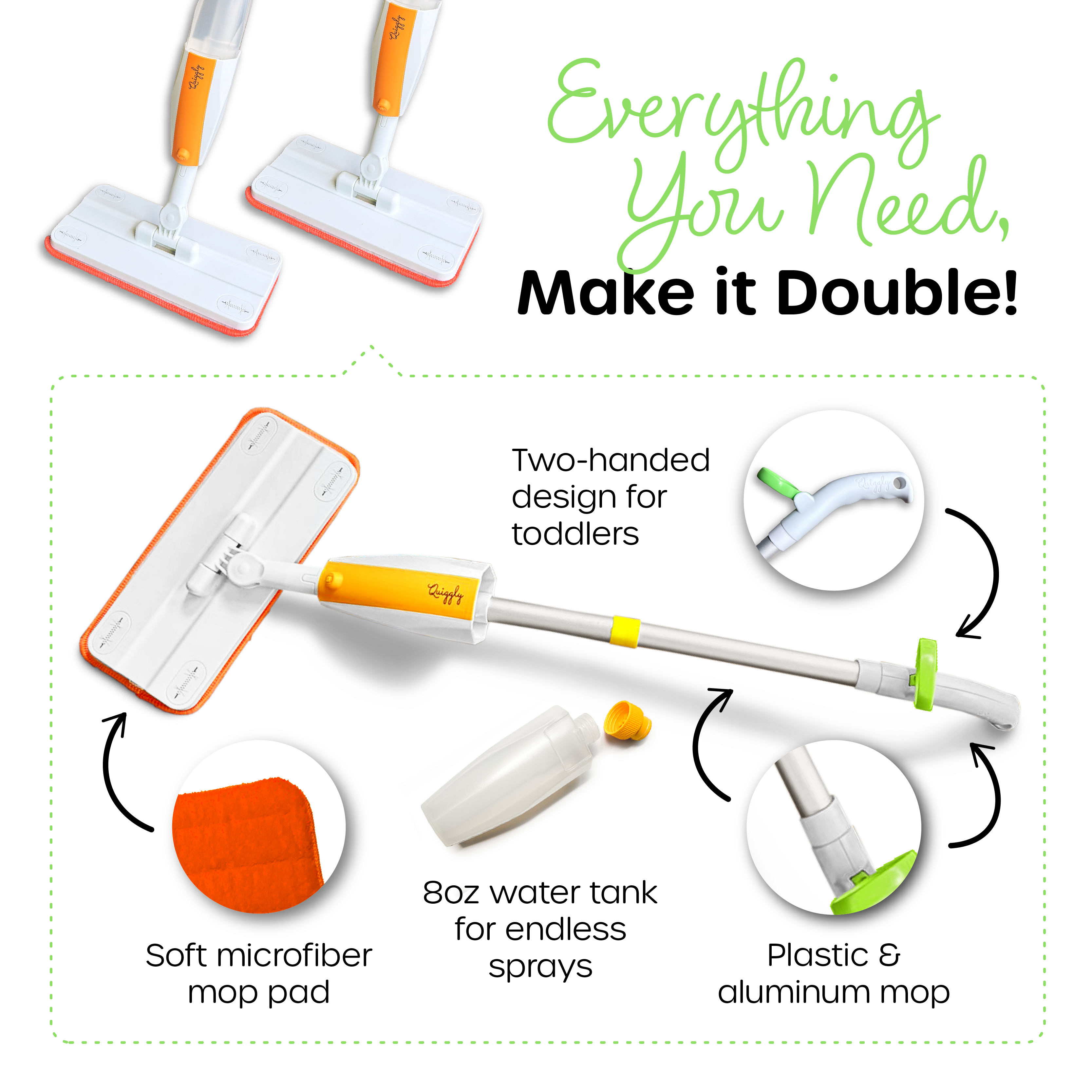 A functioning spray mop designed for toddlers with lightweight and sturdy build now in a 2-mop bundle
