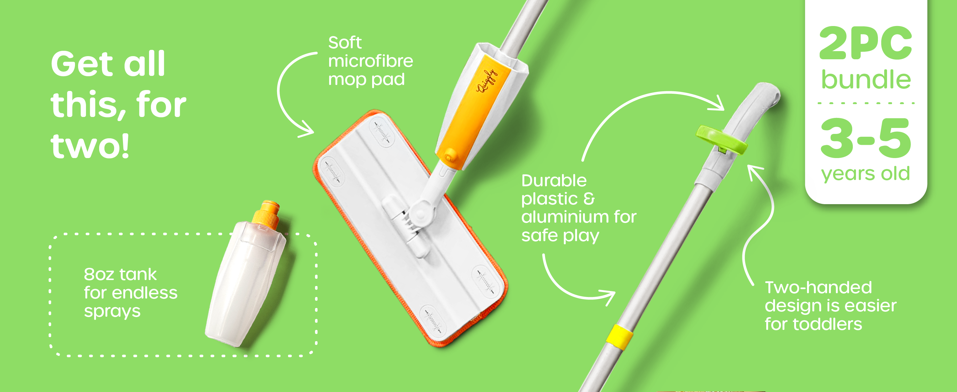 Toddlers’ two spray mops set for ages 3-5, lightweight aluminum and plastic build, encouraging team cleaning play
