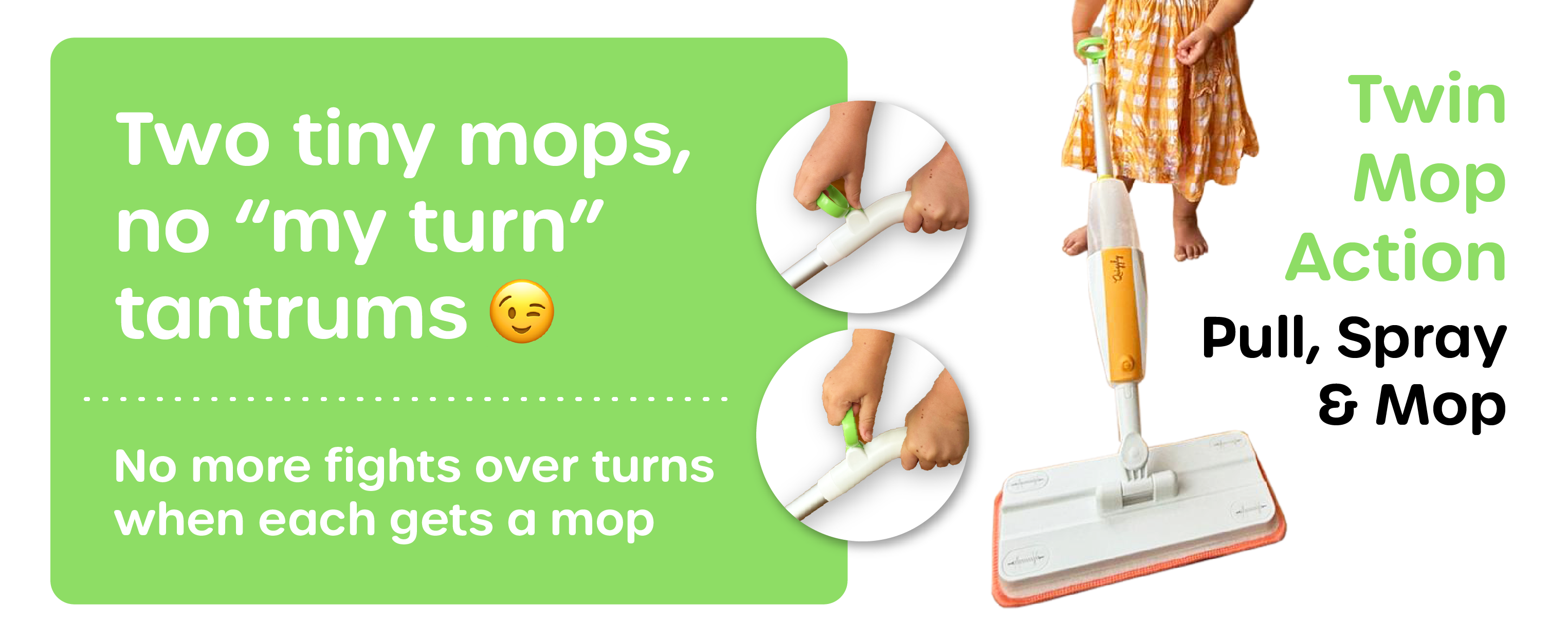 Two toddler toy spray mops with easy two-hand trigger, spray-and-mop function, designed for cooperative play without turn-taking conflicts