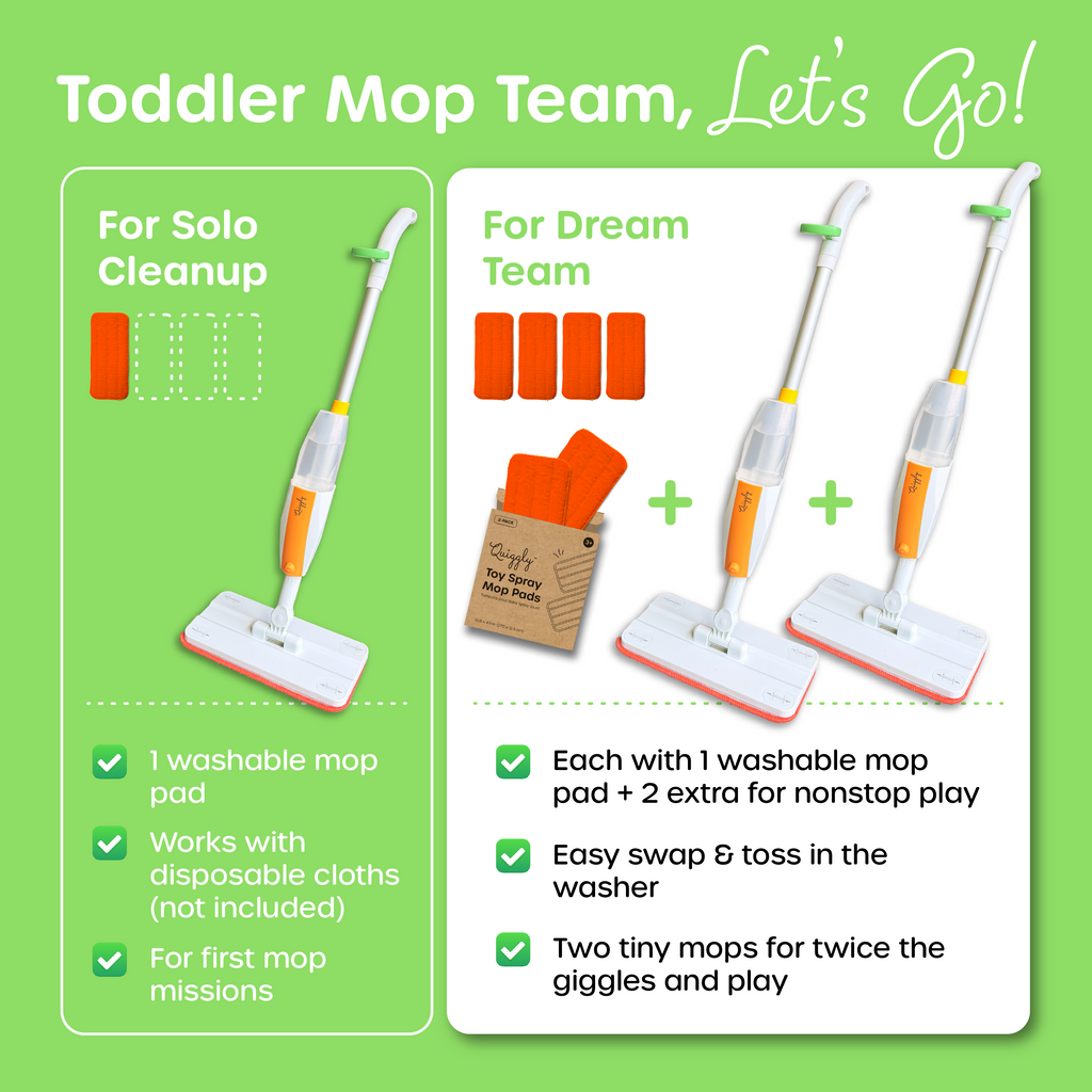 Quiggly toddler spray mop single vs 2-mop 2-pad bundle comparison, showing benefits for one toddler or siblings, with washable microfiber pads
